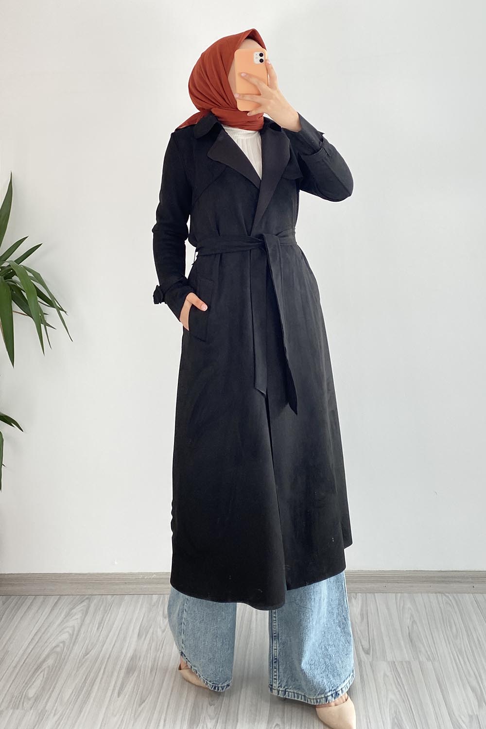 Black Long Arm Suede Trench Coat