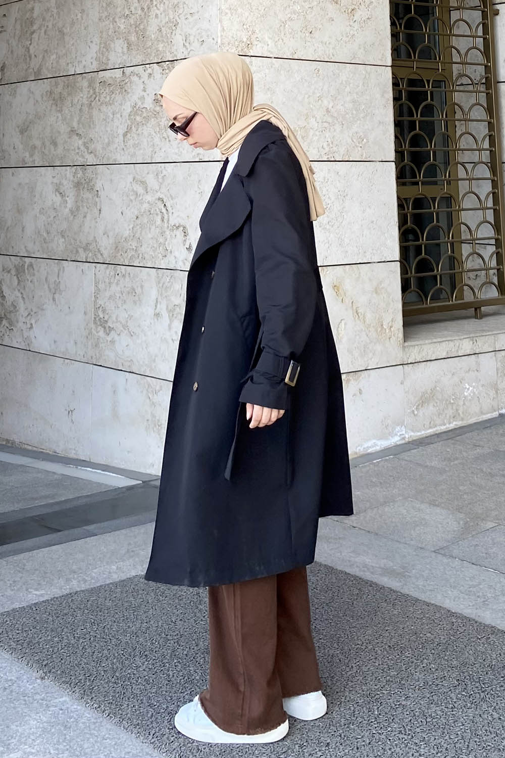 Lamelif Klasik Kuşaklı Trenç Siyah