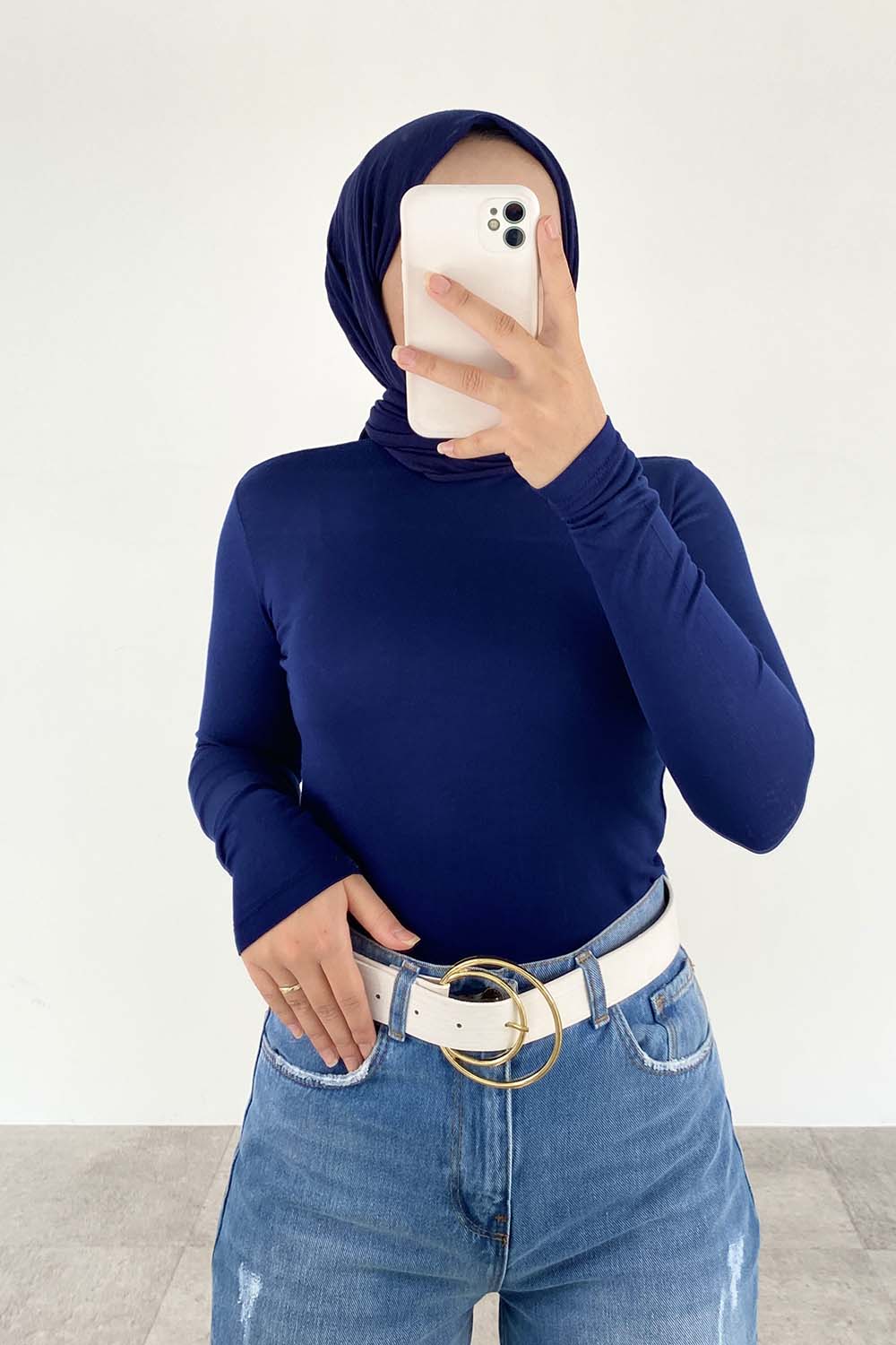 Lamelif Yarım Balıkçı Yaka Düz Renk Body Lacivert