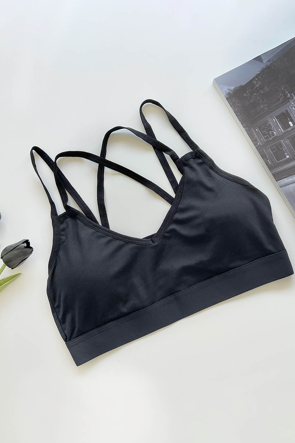 Lamelif Sırttan Çapraz Askılı Pedli Sporcu Sütyen Siyah Renk