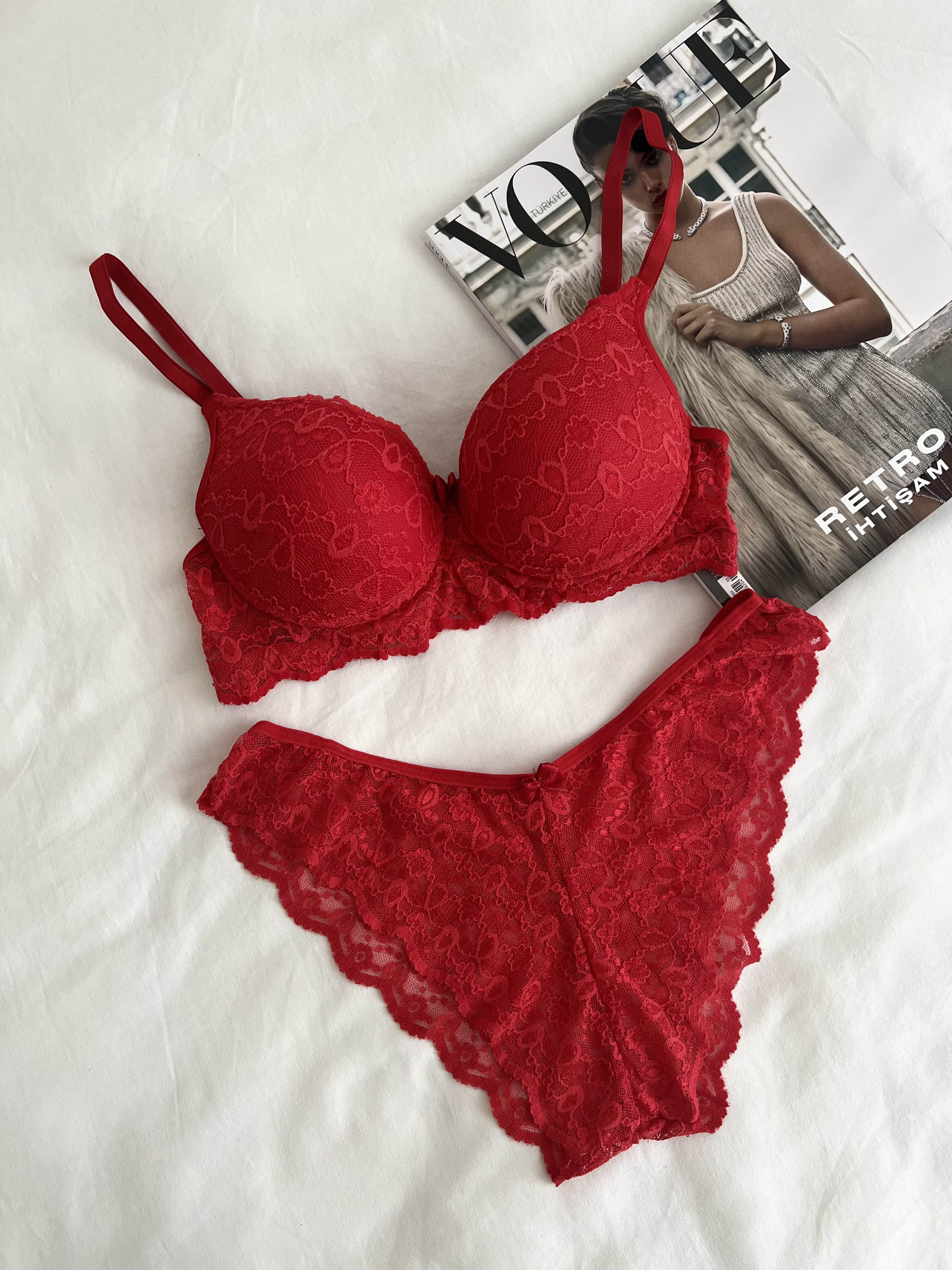 Lamelif Dantelli Destekli Sütyen Takım Kırmızı Renk
