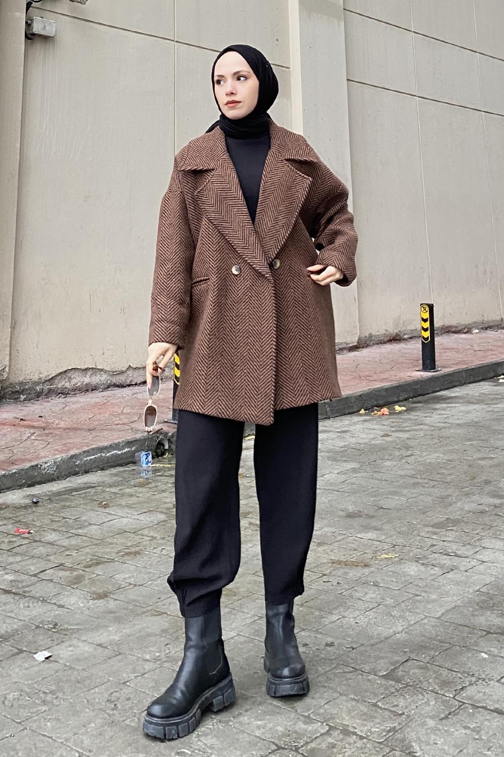 Modalamelif Zikzak Desen Balık Sırtı Kaban Acı Kahve