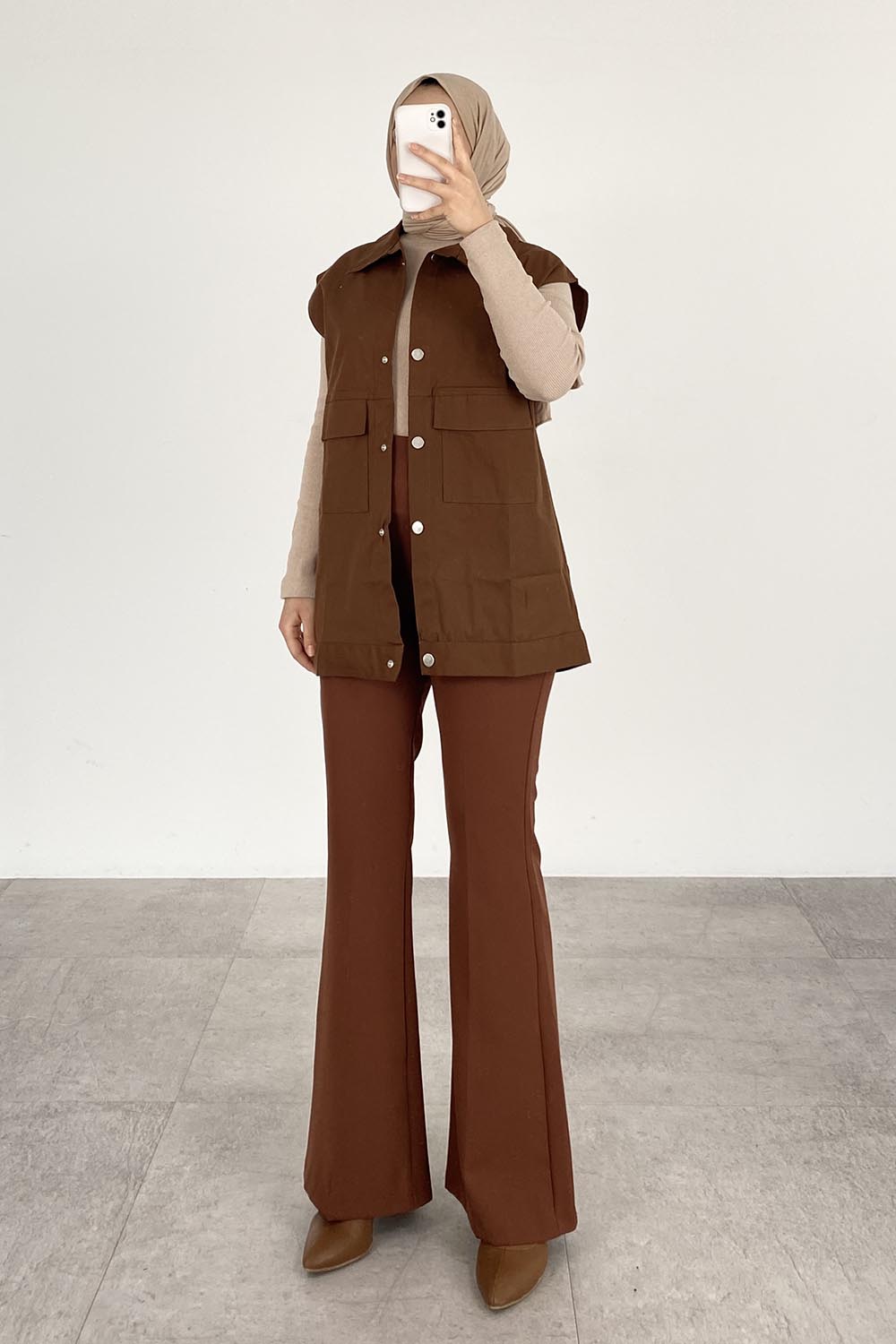 Lamelif Önü Çıtçıt Düğmeli Yelek Açık Kahve