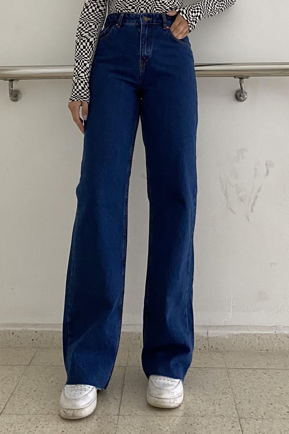 Lamelif Wıde Leg Model Kesik Paça Jean Koyu Mavi