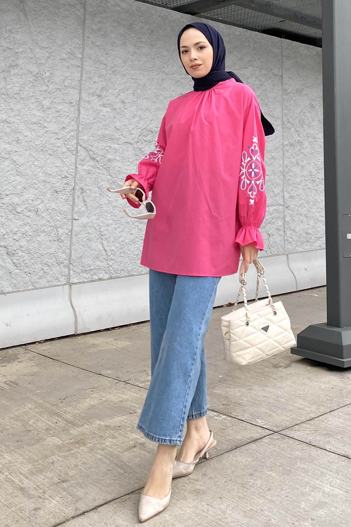 Lamelif Kol Baskılı Tunik Fuşya