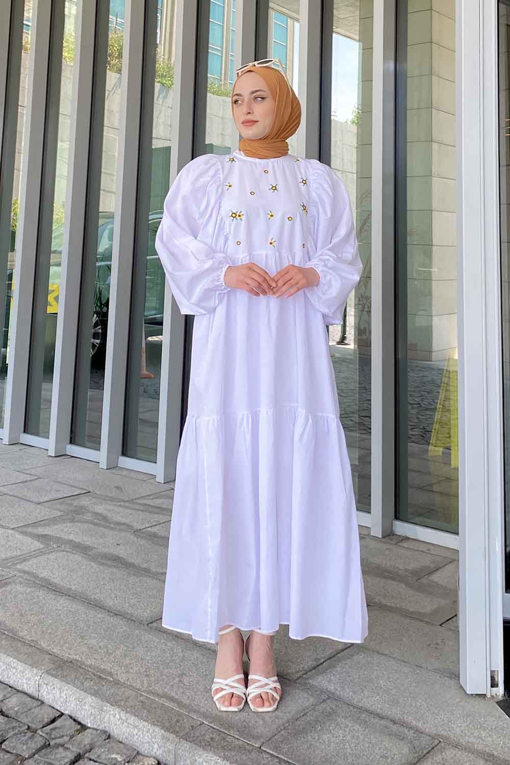 Lamelif Elica Tesettür Elbise Beyaz