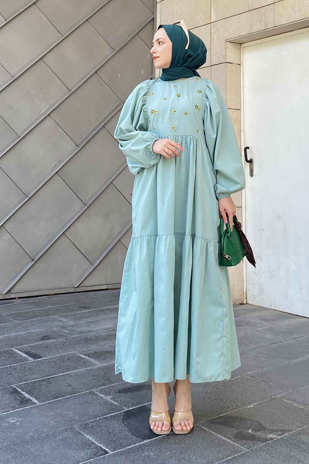 Lamelif Elica Tesettür Elbise Mint Yeşili