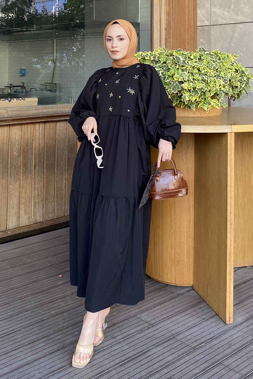 Black Crew Neck Cotton Printed Dresess