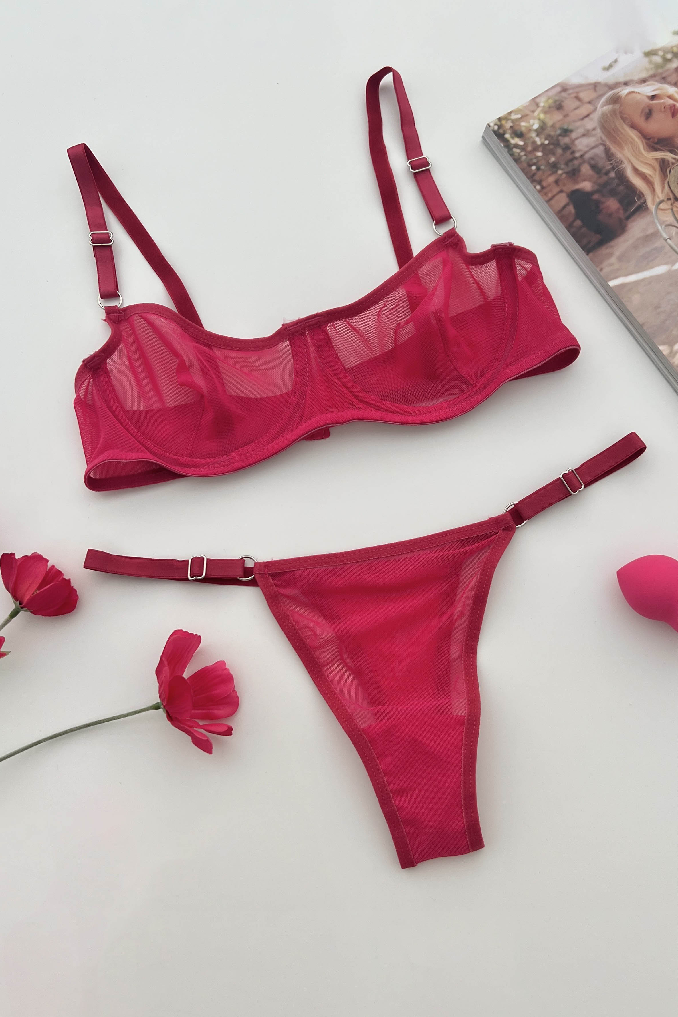 Lamelif Balenli Destekli Tül Fuşya Takım