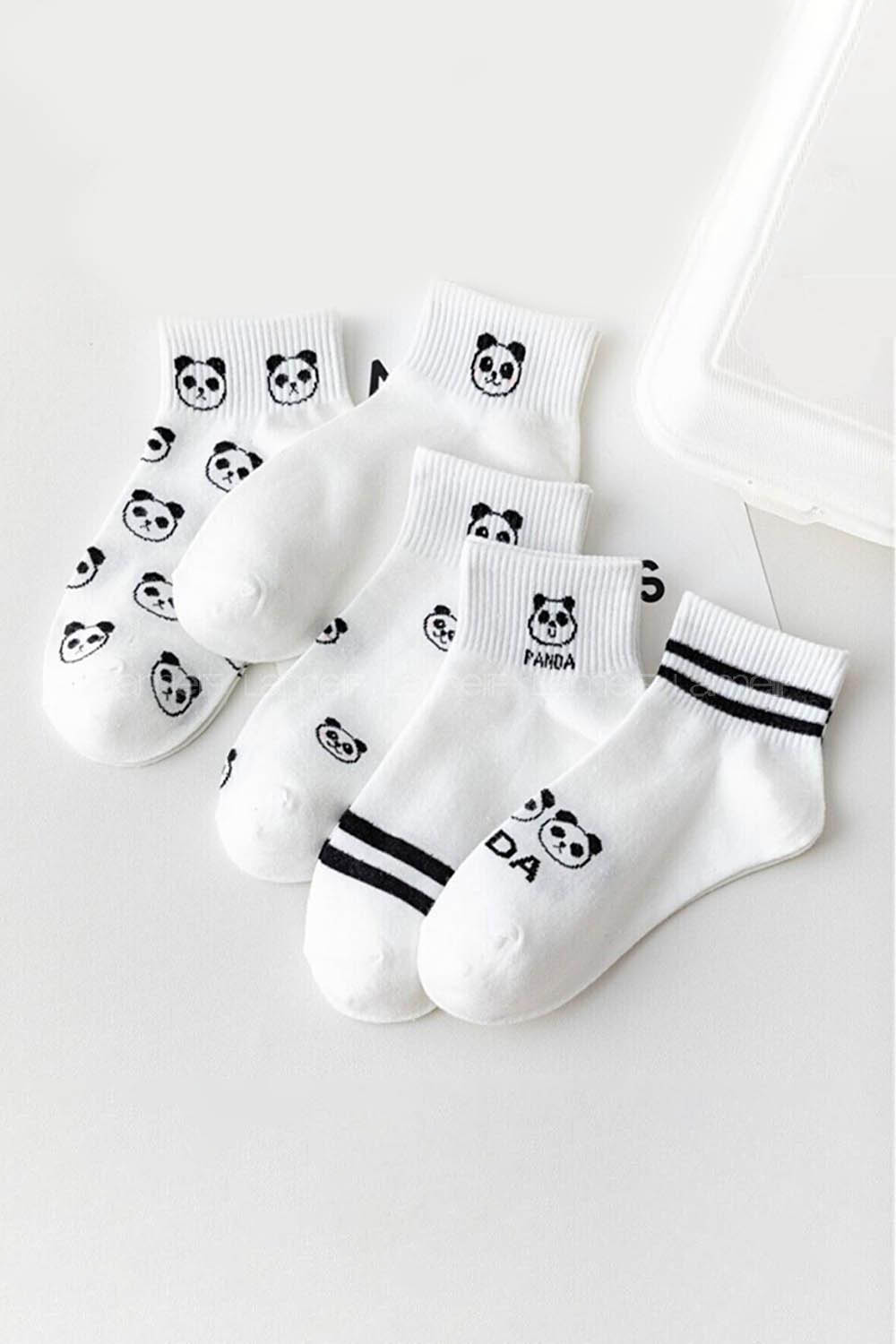 Lamelif 5 li Koton Kadın Beyaz Panda Çorap
