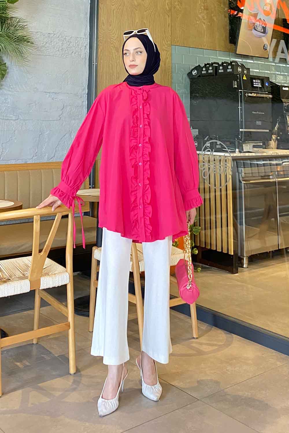 Lamelif Flores Fırfırlı Tunik Fuşya