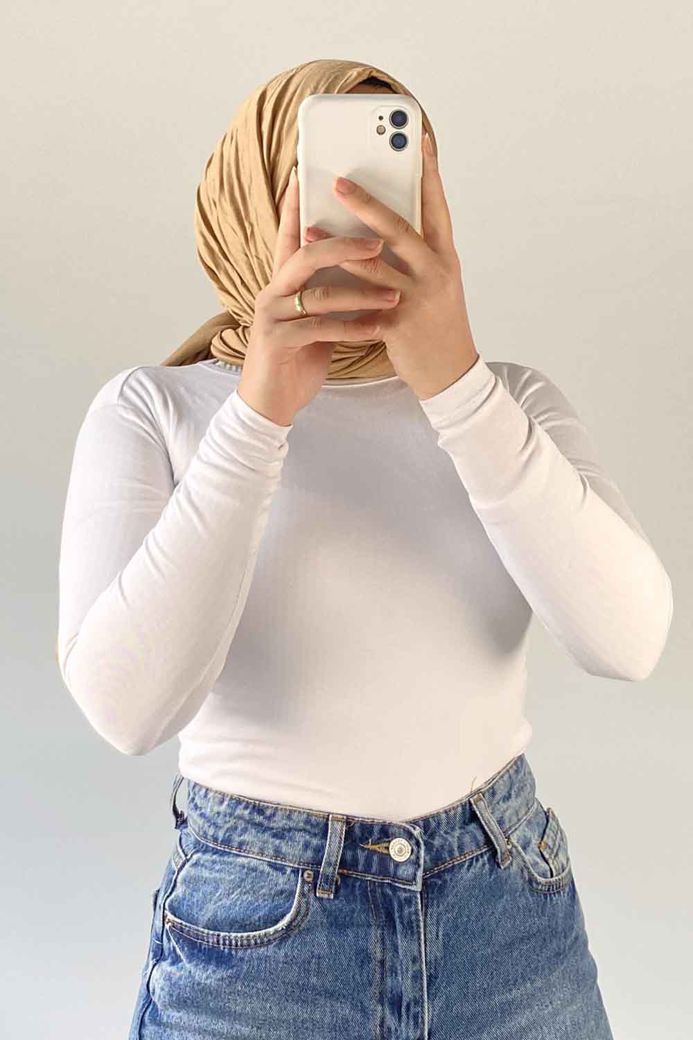 Lamelif Bisiklet Yaka Düz Renk Body Beyaz