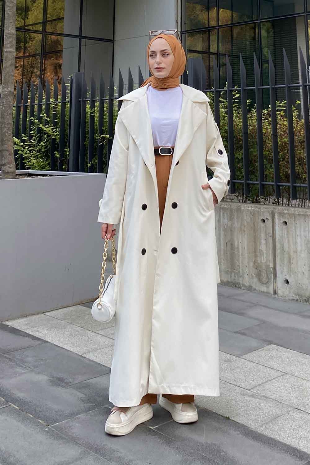 Cream Long Arm Belted Cotton Trench Coat