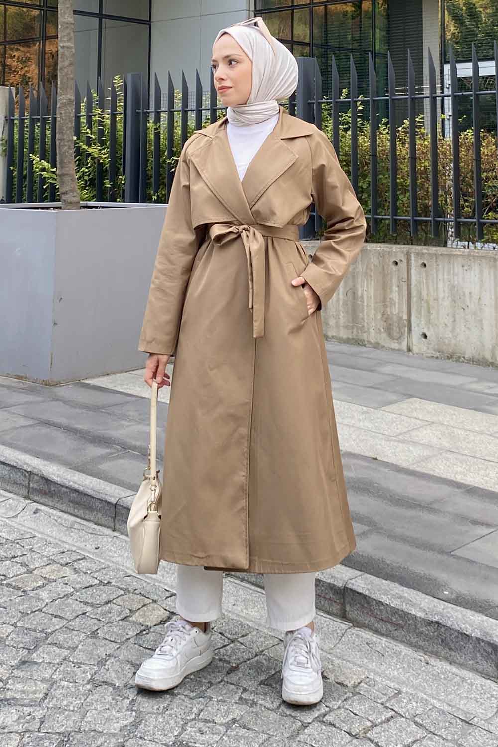 Dark Mink Long Arm Belted Parachute Fabric Trench Coat