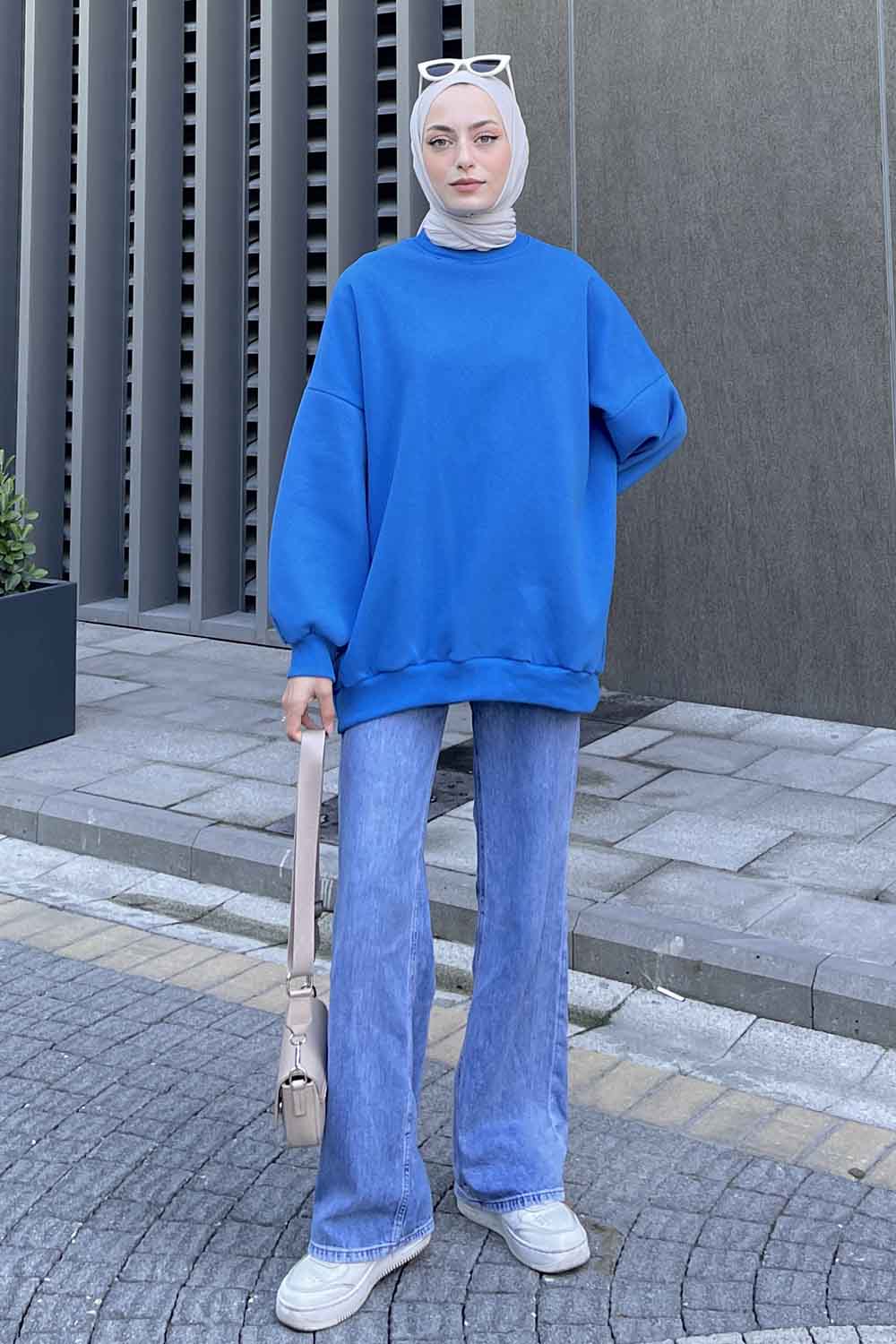 Lamelif Jasmin Bisiklet Yaka Oversize Sweat Mavi