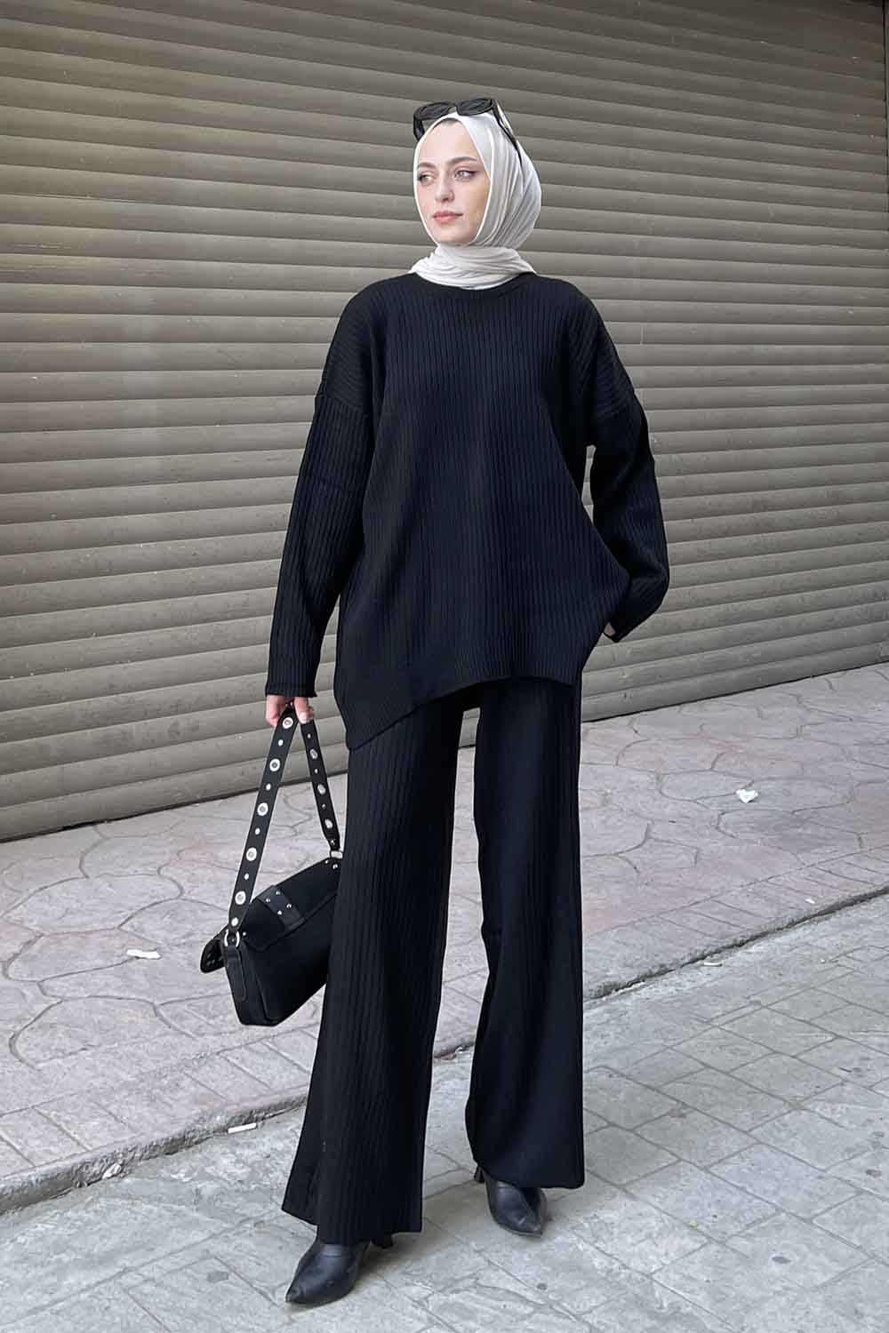 Lamelif Tabata Fitilli Tesettür Takım Siyah