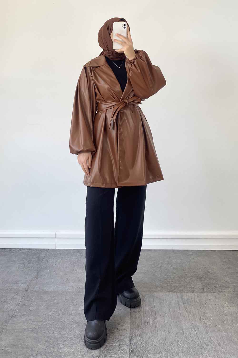 Brown Long Arm Belted Skin Trench Coat