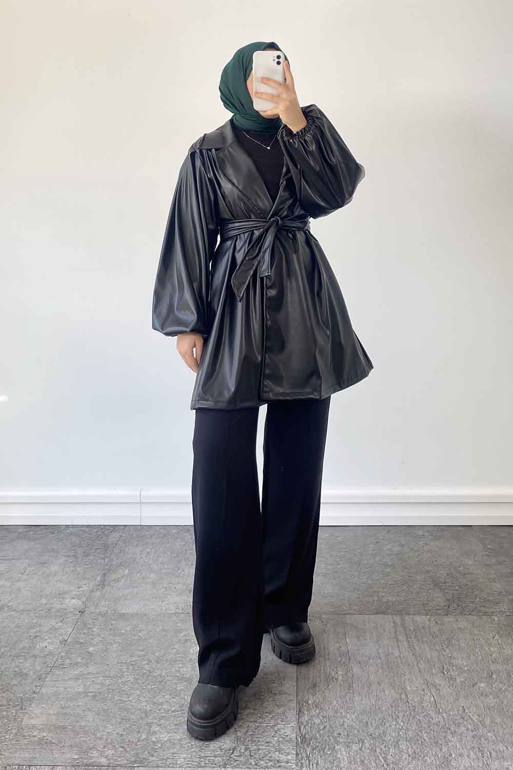 Black Long Arm Belted Skin Trench Coat
