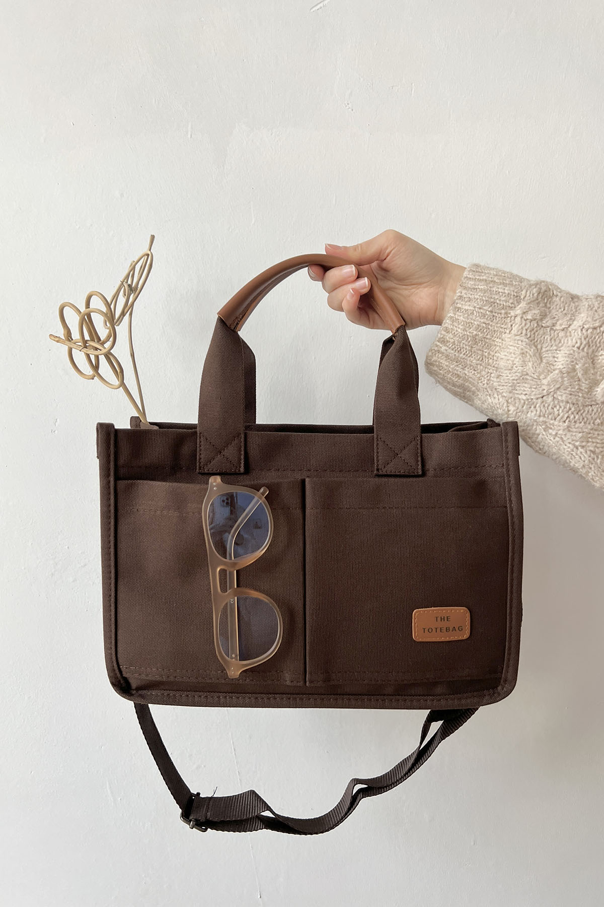 Lamelif Mini Kanvas Tote Bag Kadın Çapraz Çanta Acı Kahve