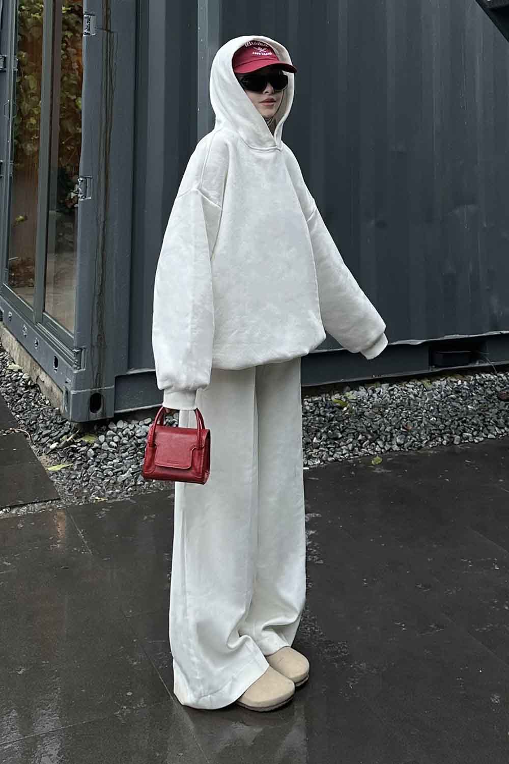 Lamelif Kapüşonlu Salaş Sweatshirt Beyaz