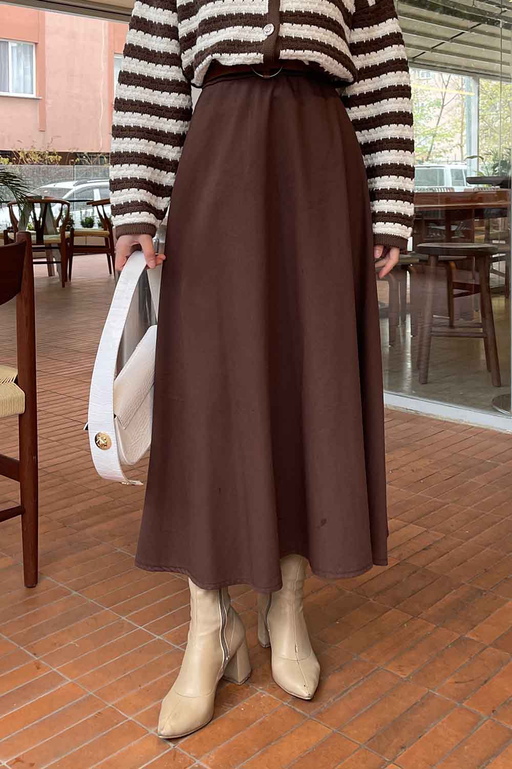 Lamelif Kloş Keten Etek Acı Kahve