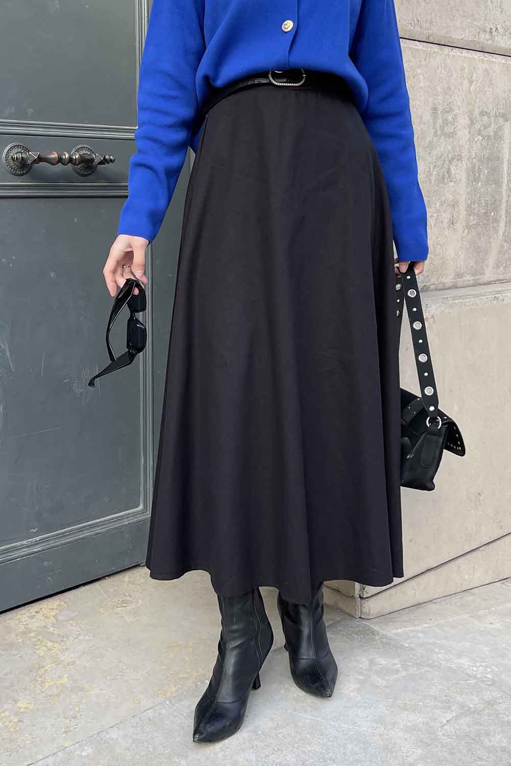 Lamelif Kloş Keten Etek Siyah