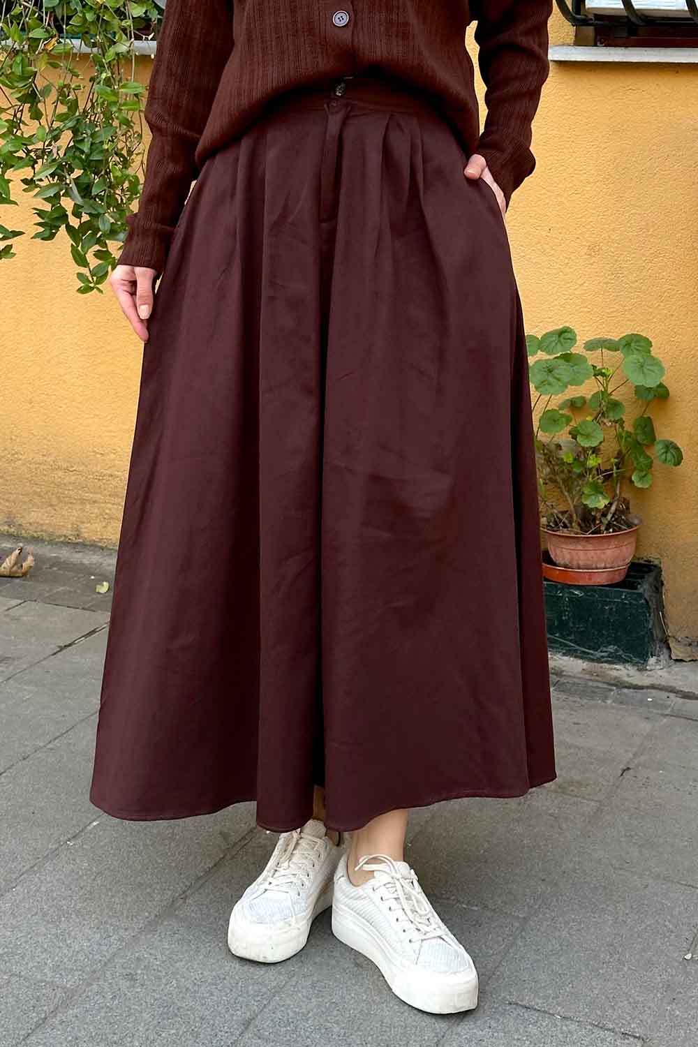 Lamelif Cep Detaylı Kloş Keten Etek Acı Kahve