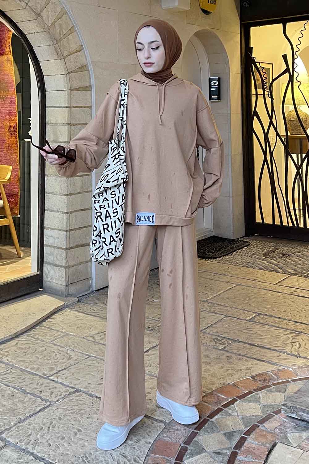 Lamelif Balance Armalı Çımalı İkili Tesettür Takım Camel