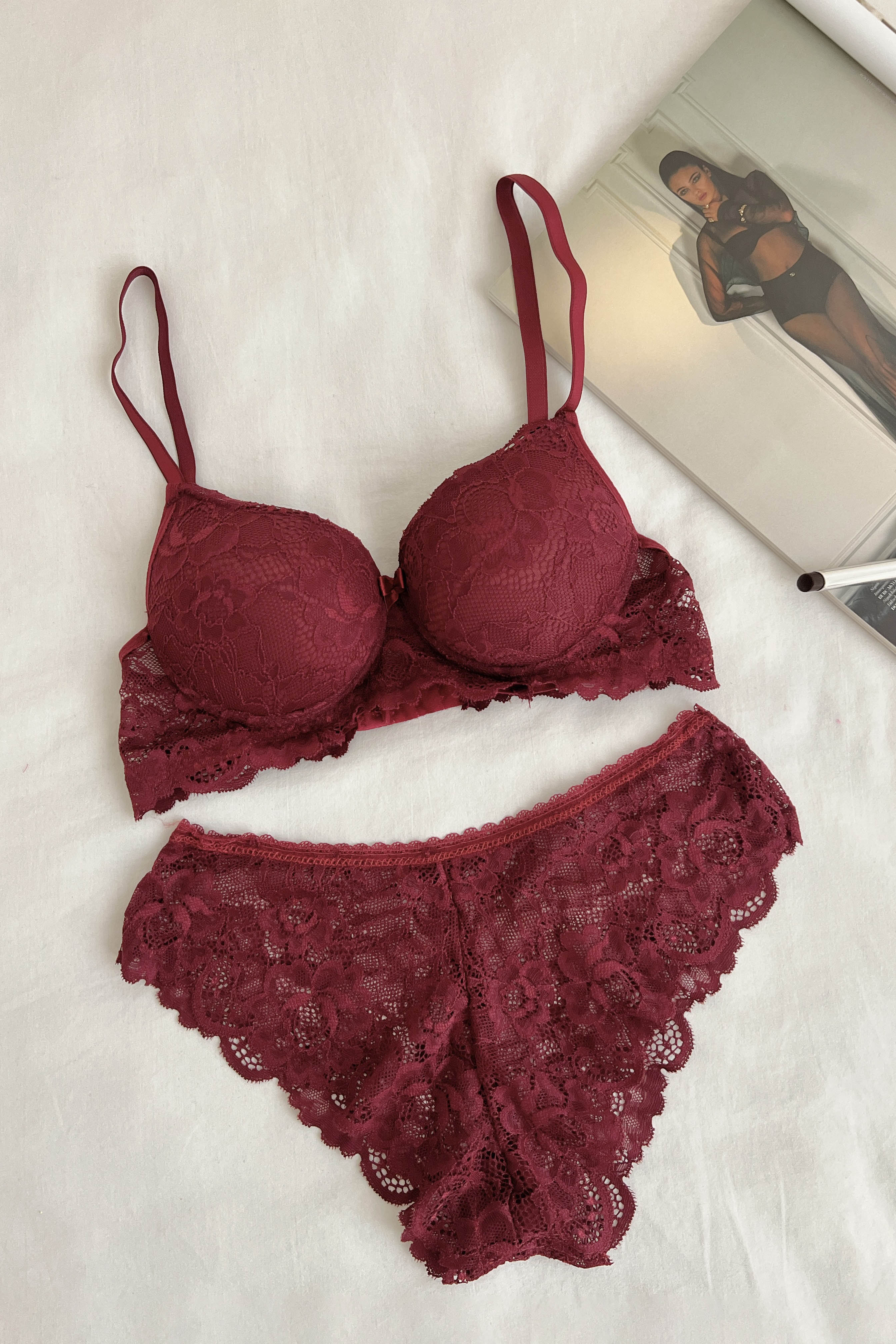 Lamelif Dantelli Destekli Sütyen Takım Bordo Renk
