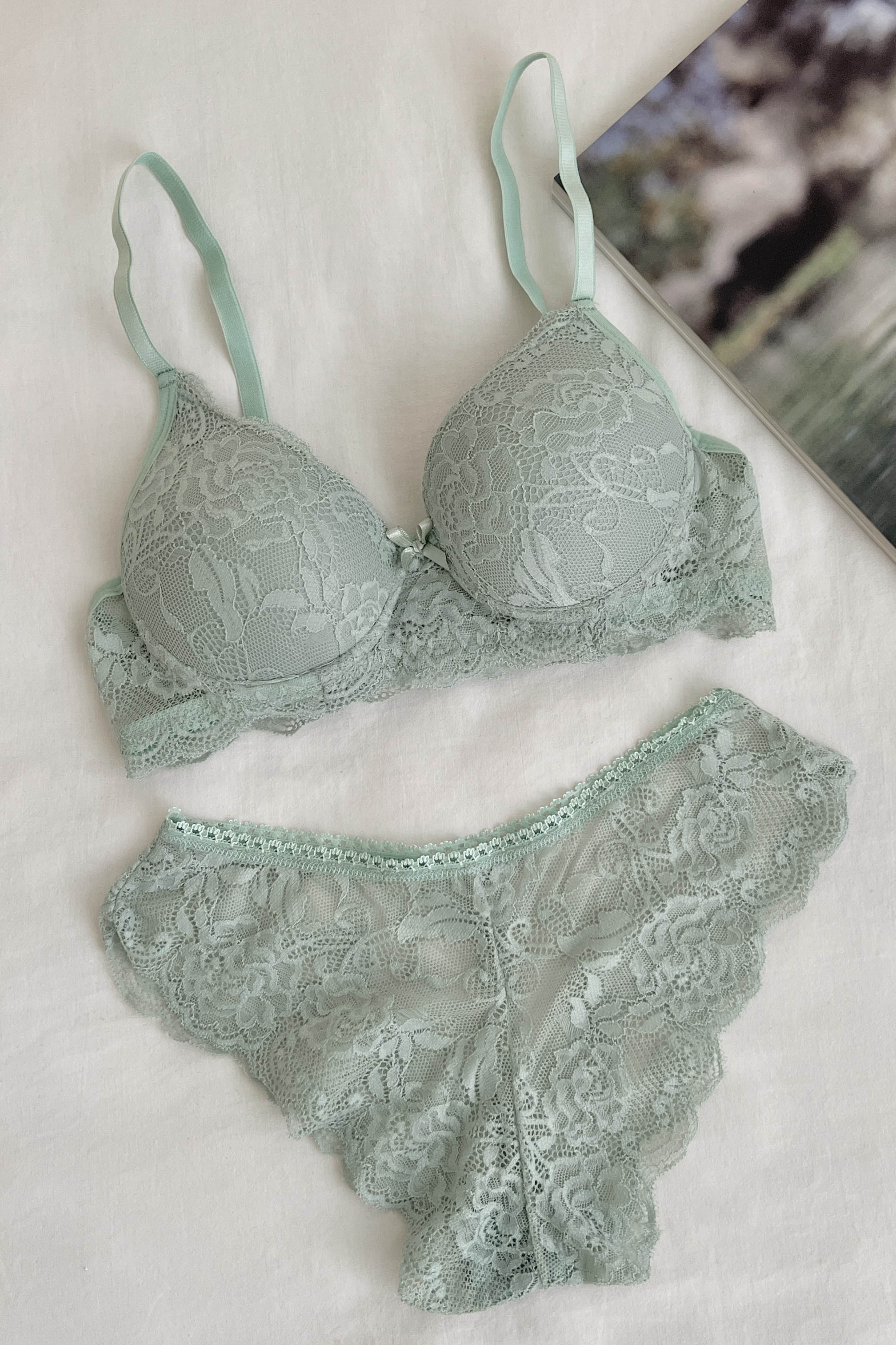 Lamelif Dantelli Destekli Sütyen Takım Mint Yeşili Renk