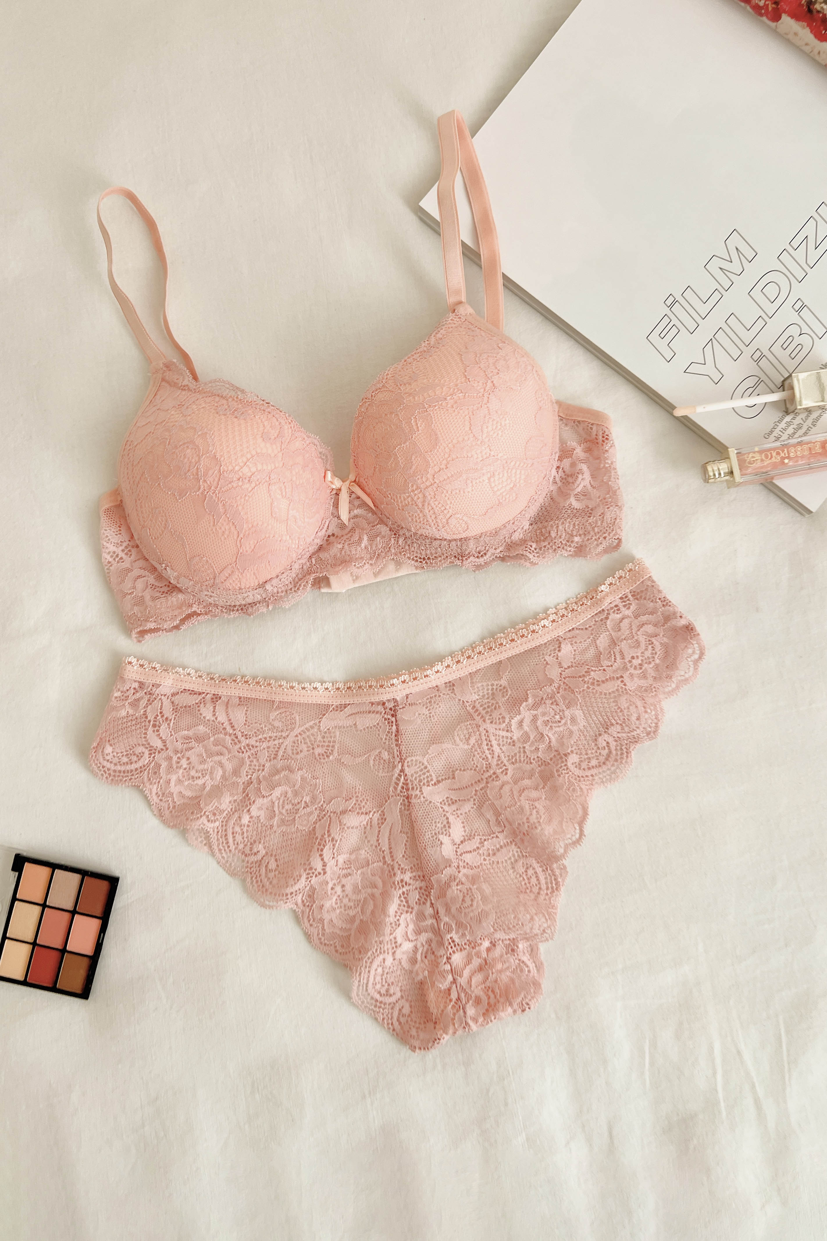 Lamelif Dantelli Destekli Sütyen Takım Somon Renk