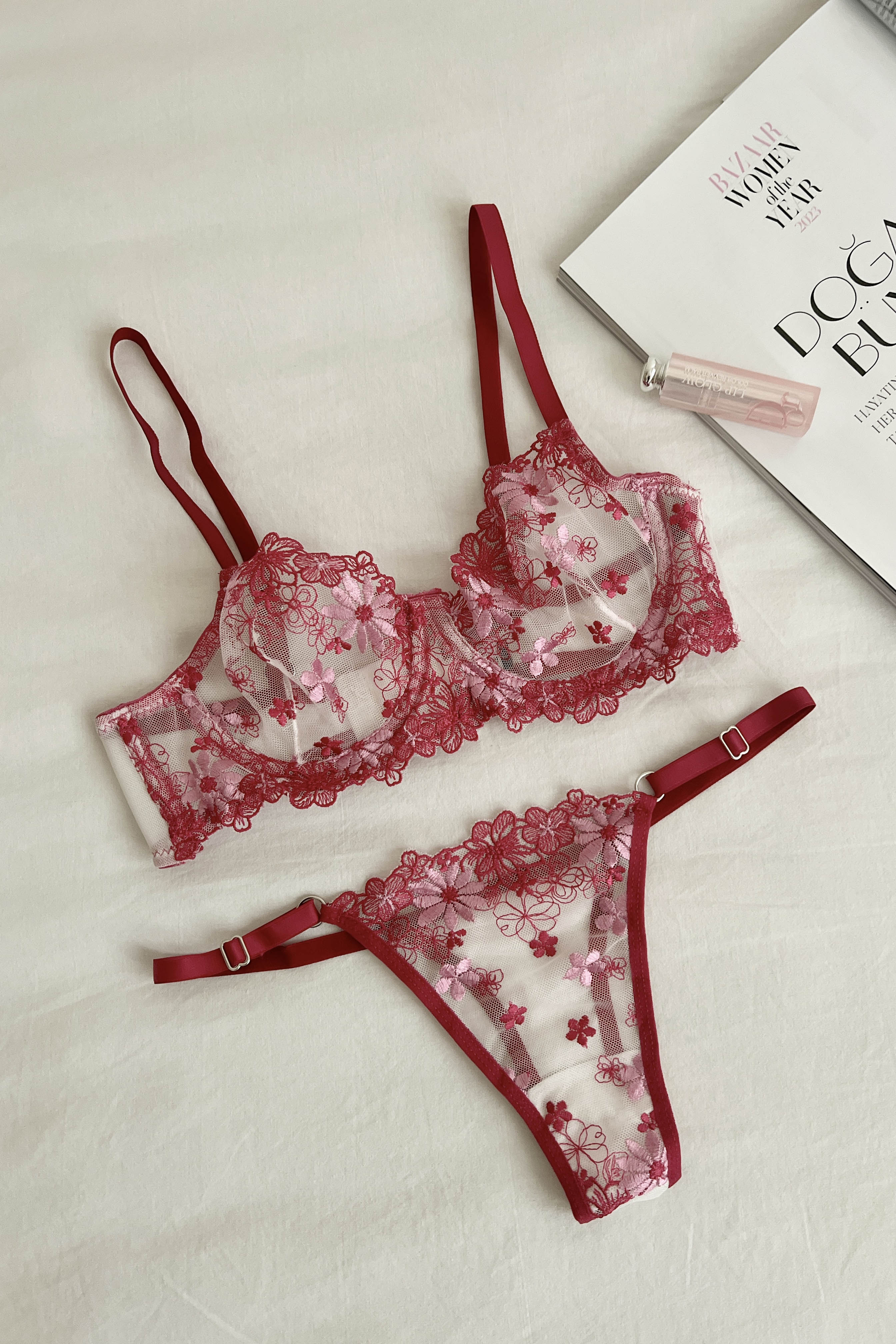 Lamelif Prenses Çiçekli Sandy Bra Tül Takım Bordo