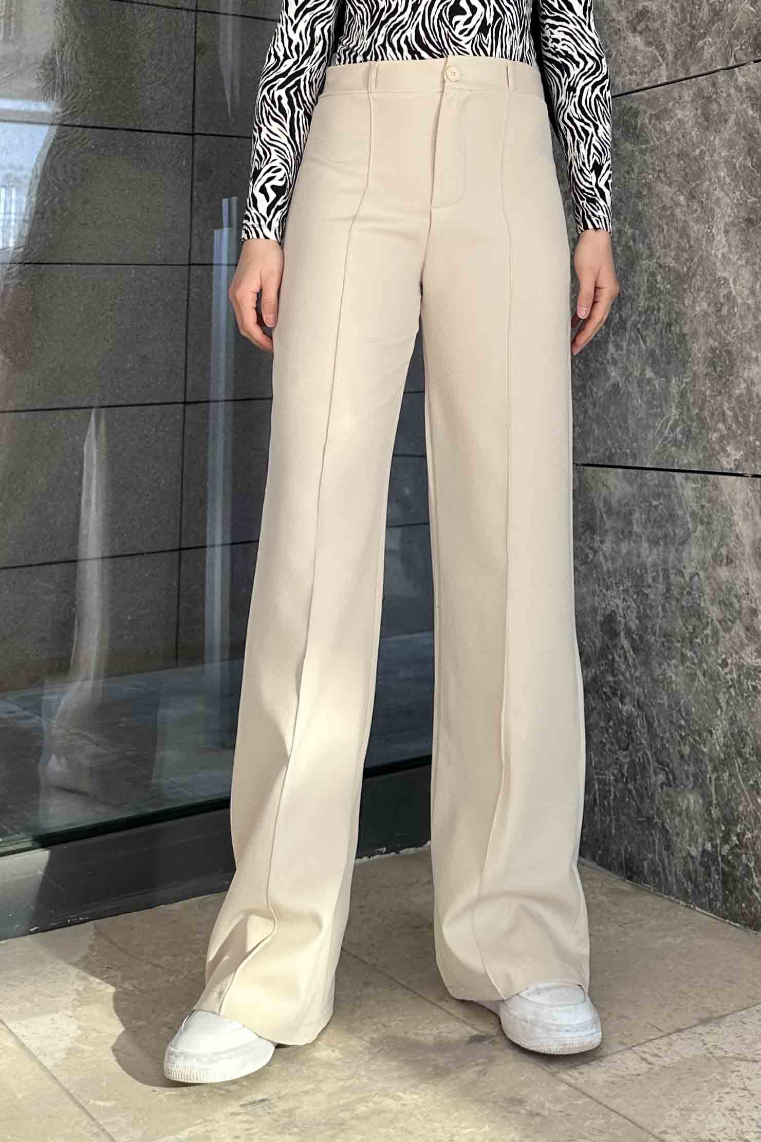 Lamelif Çımalı Bol Paça Pantolon Krem