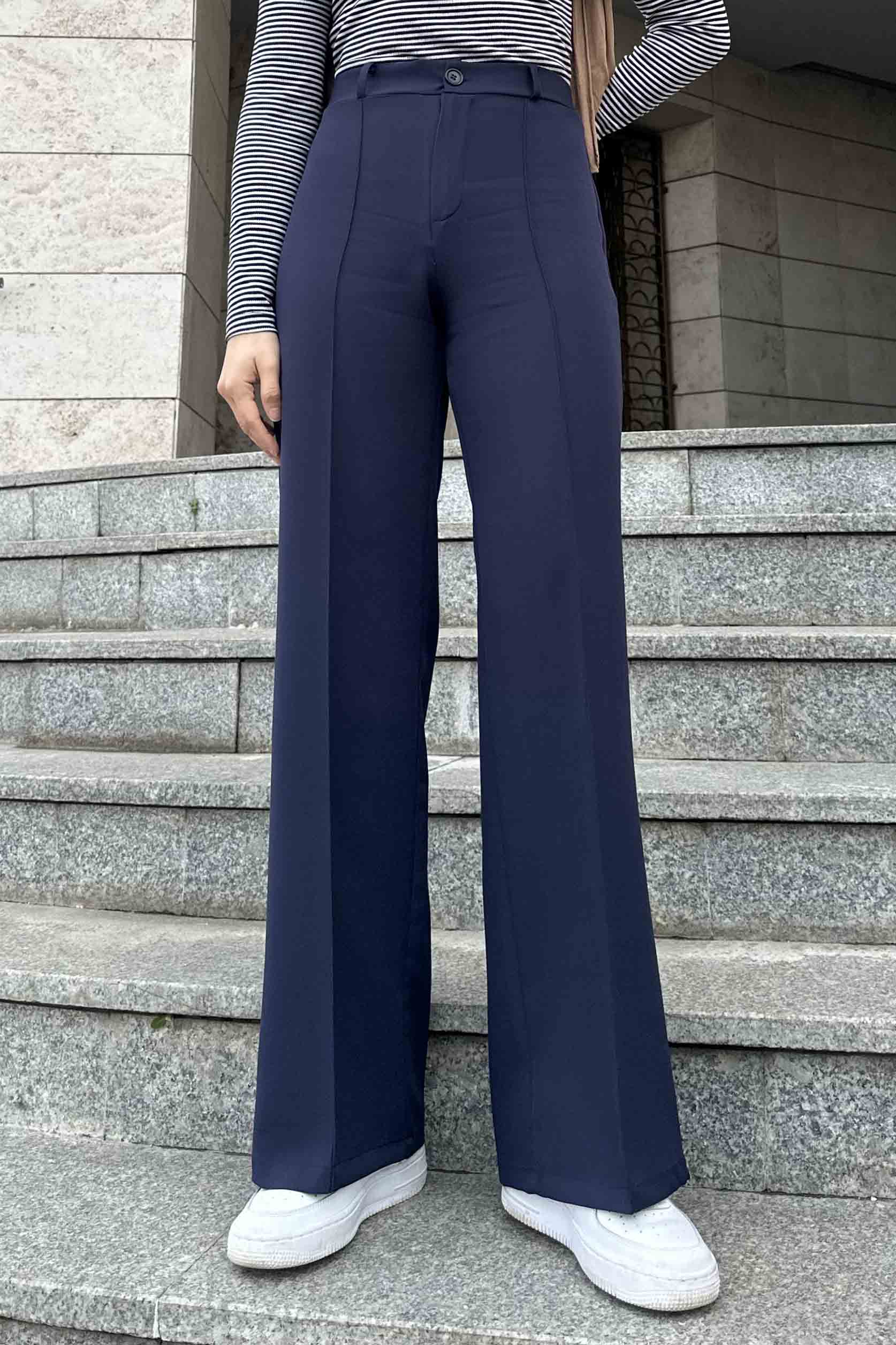 Lamelif Çımalı Bol Paça Pantolon Lacivert