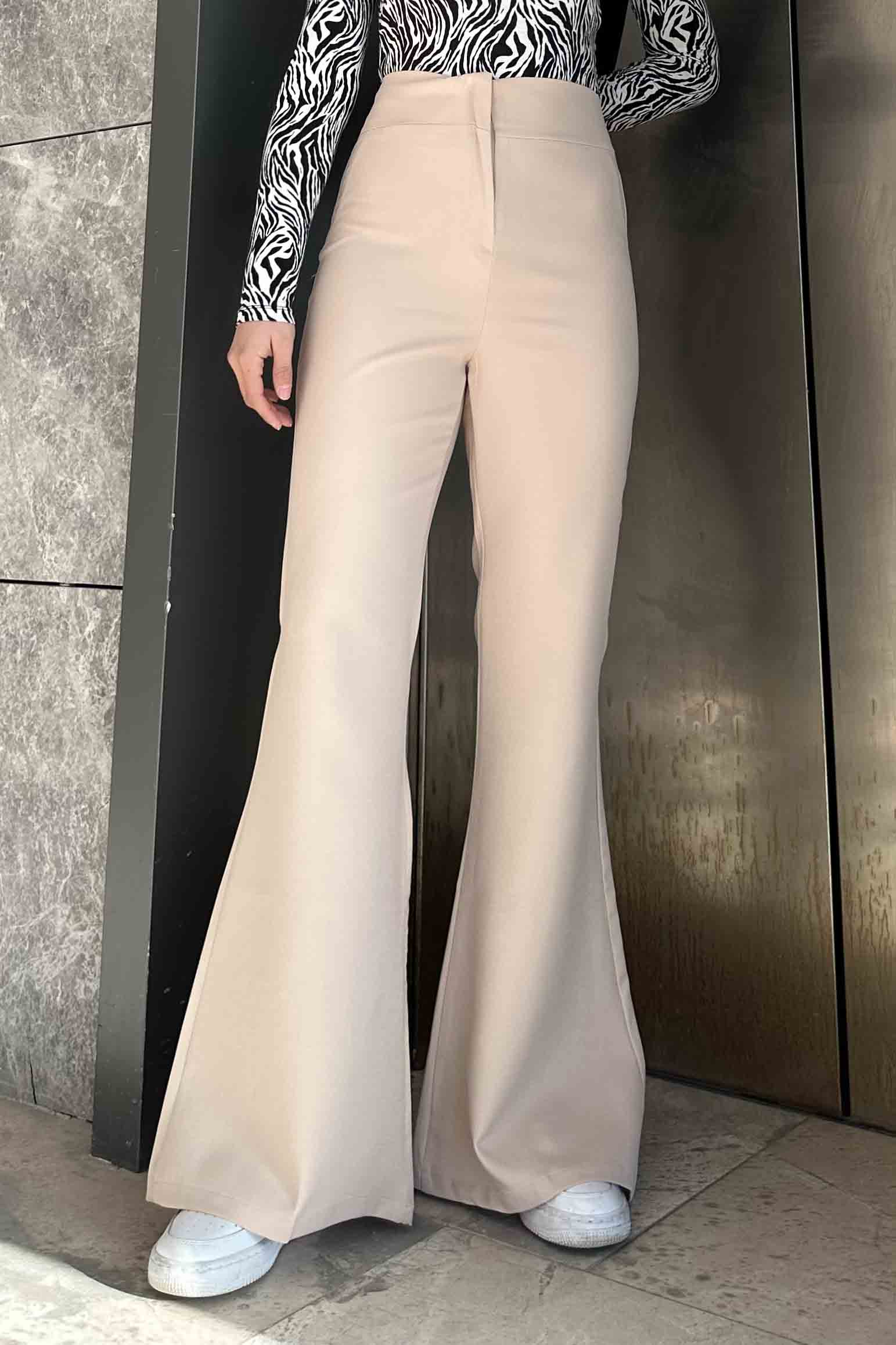 Lamelif Yüksek Bel İspanyol Paça Gizli Cep Pantolon Krem