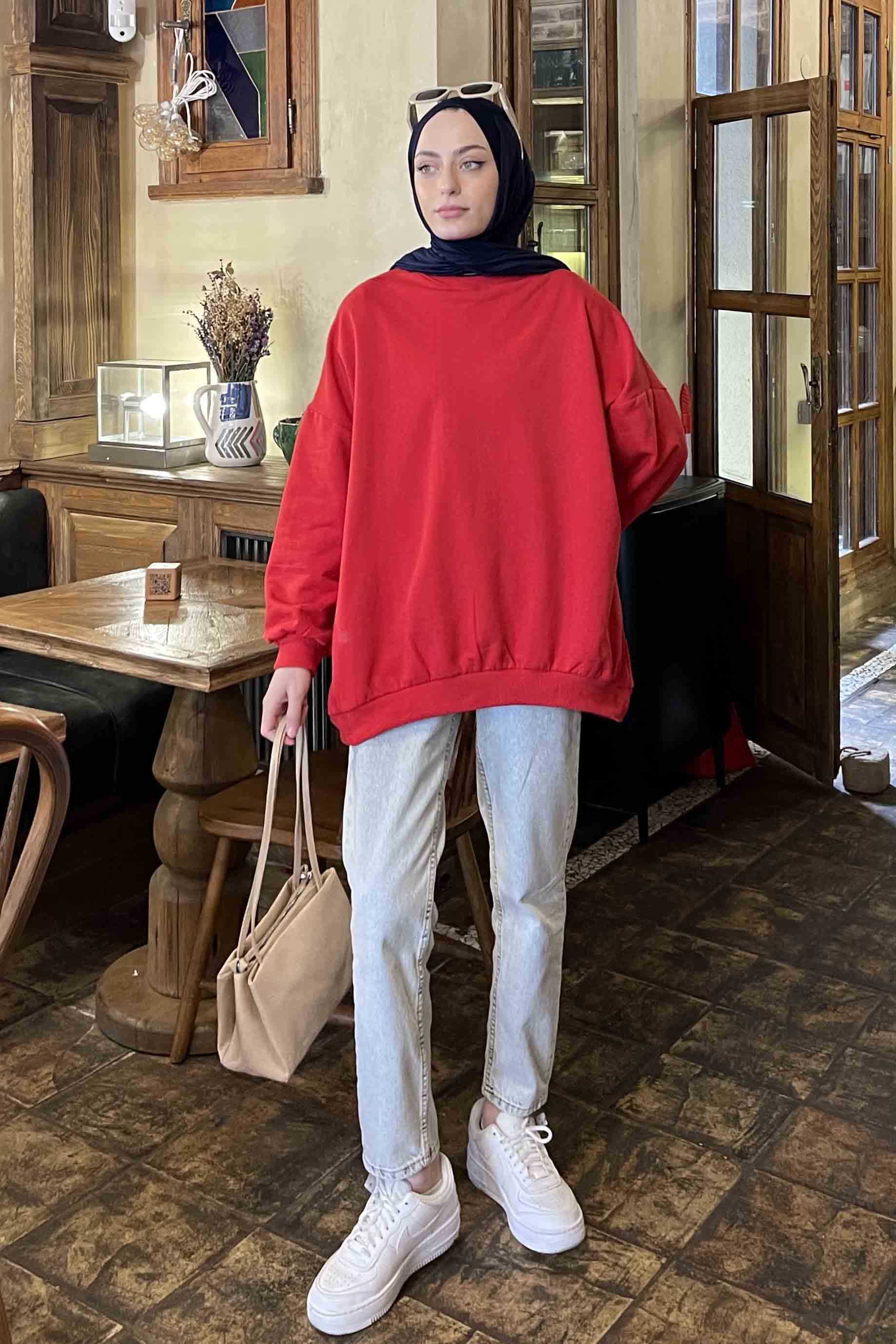 Lamelif Balon Kol Yaka Ve Etek Ucu Manşetli Bol Sweat Kırmızı