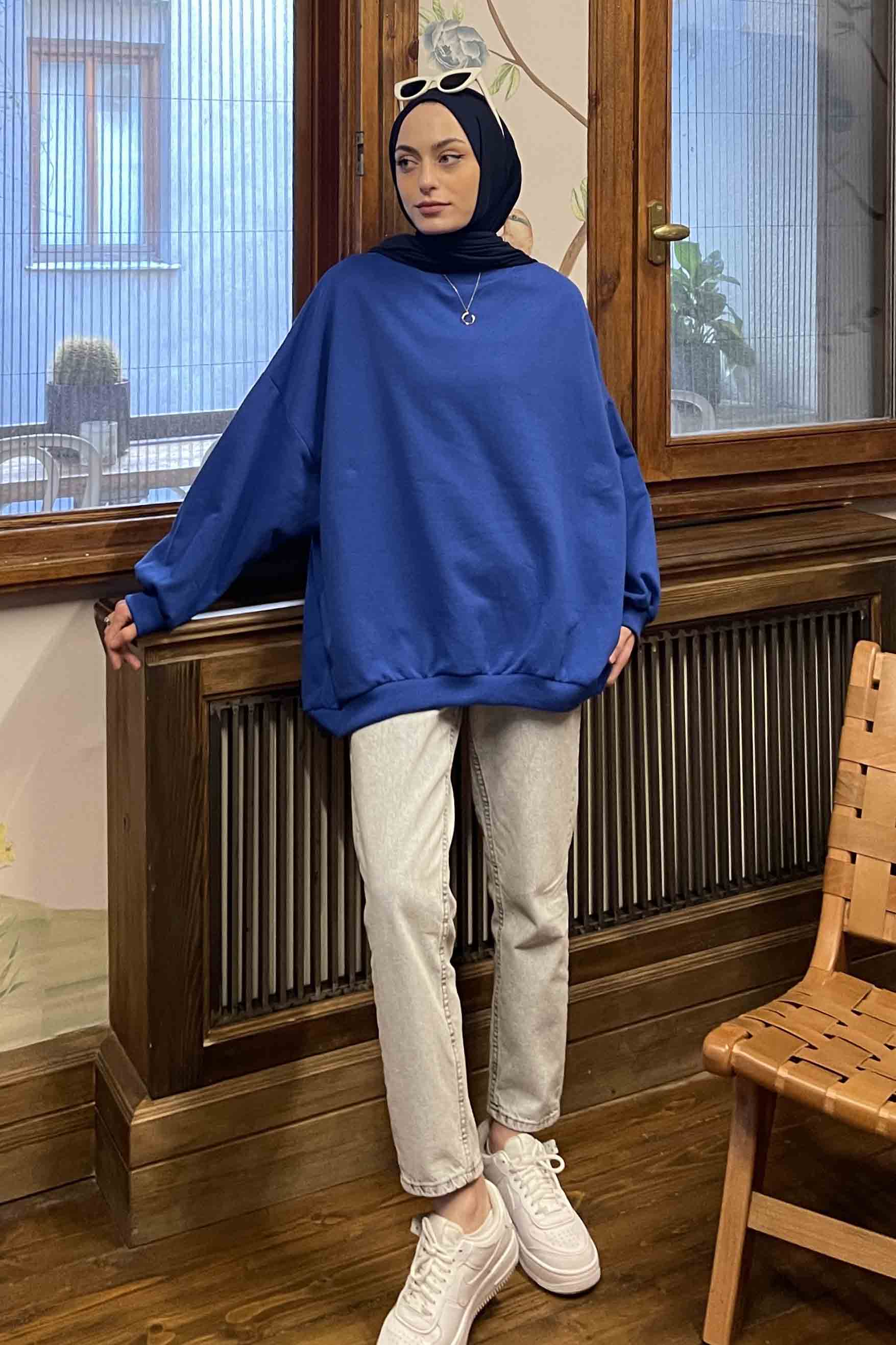 Lamelif Balon Kol Yaka Ve Etek Ucu Manşetli Bol Sweat Saks Mavisi