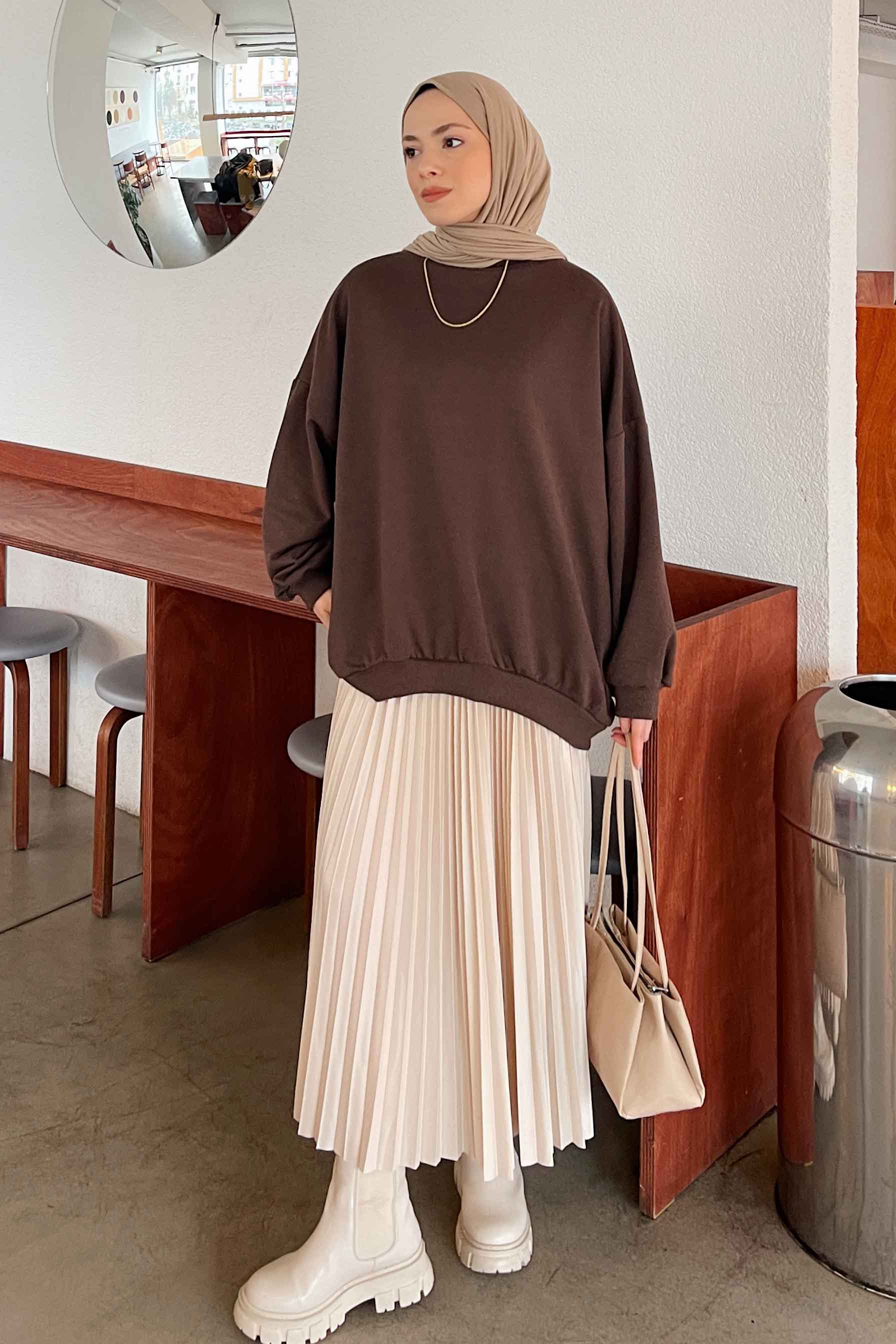 Lamelif Balon Kol Yaka Ve Etek Ucu Manşetli Bol Sweat Acı Kahve