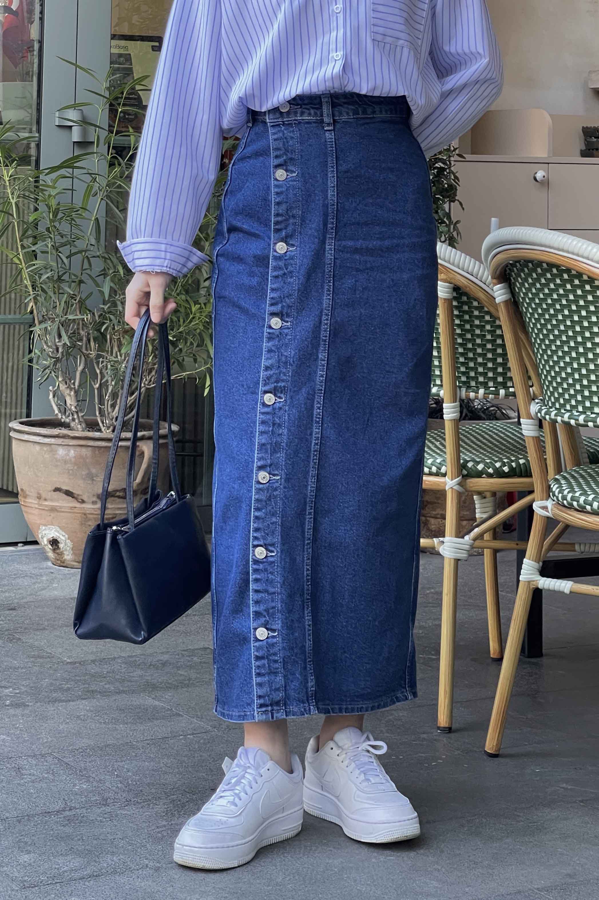 Lamelif Düğmeli Kot Etek Mavi