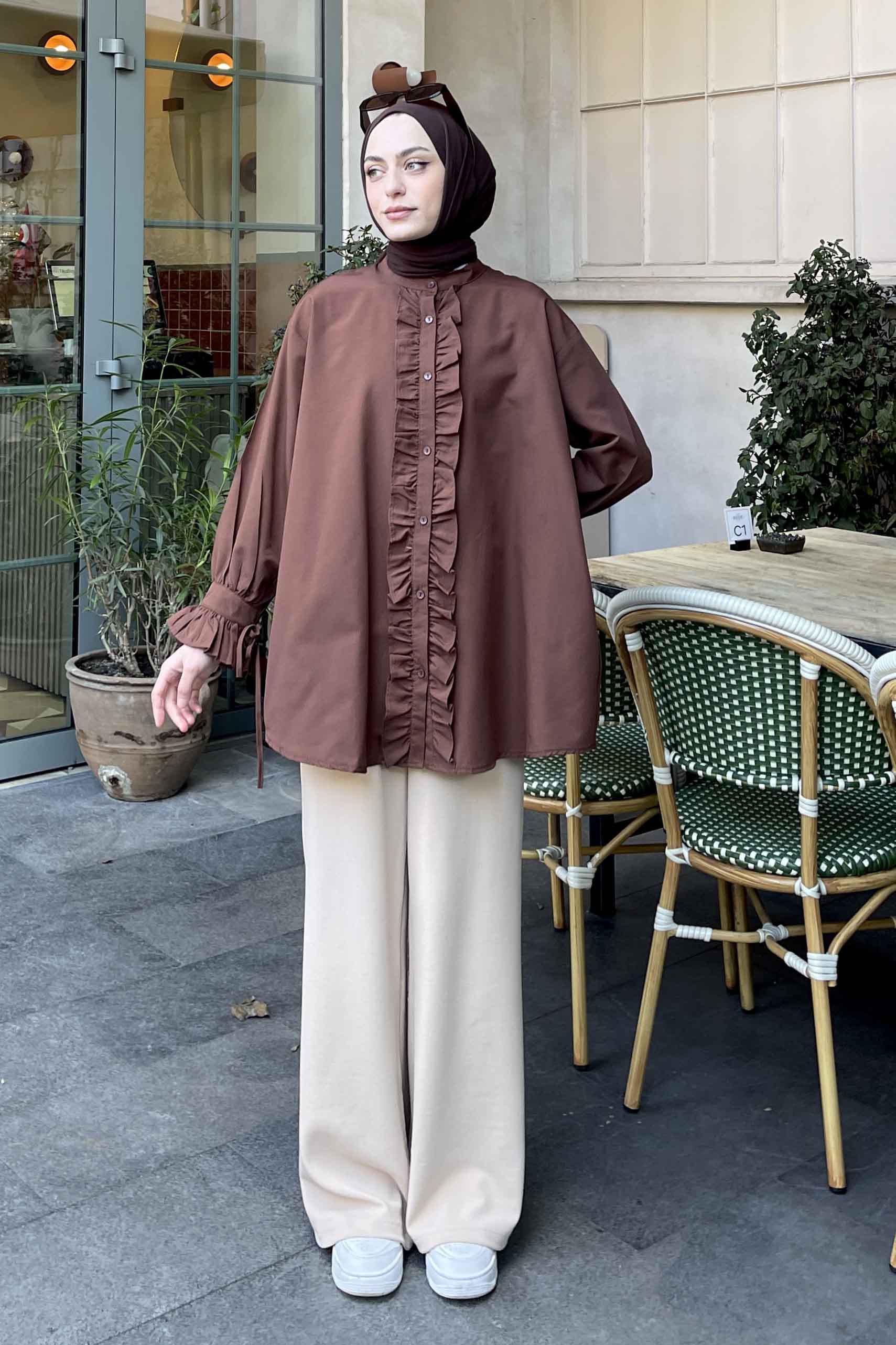 Lamelif Flores Fırfırlı Tunik Kahverengi