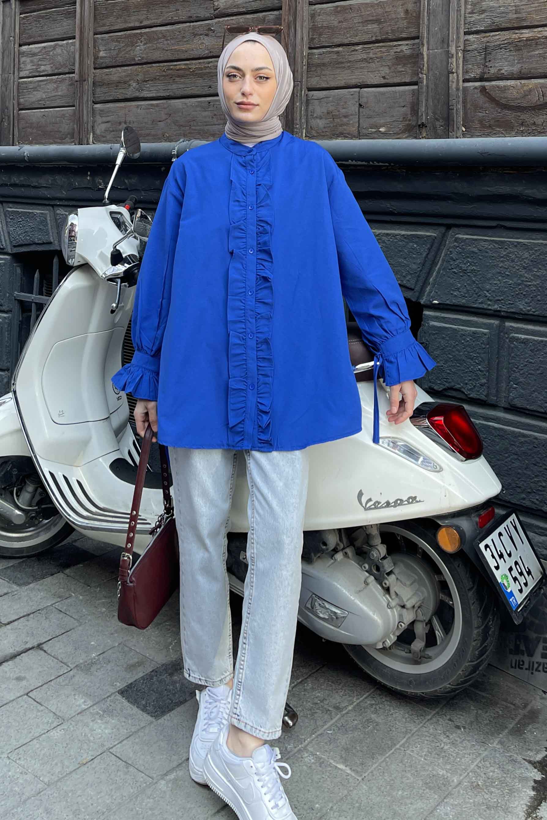 Lamelif Flores Fırfırlı Tunik Saks Mavisi