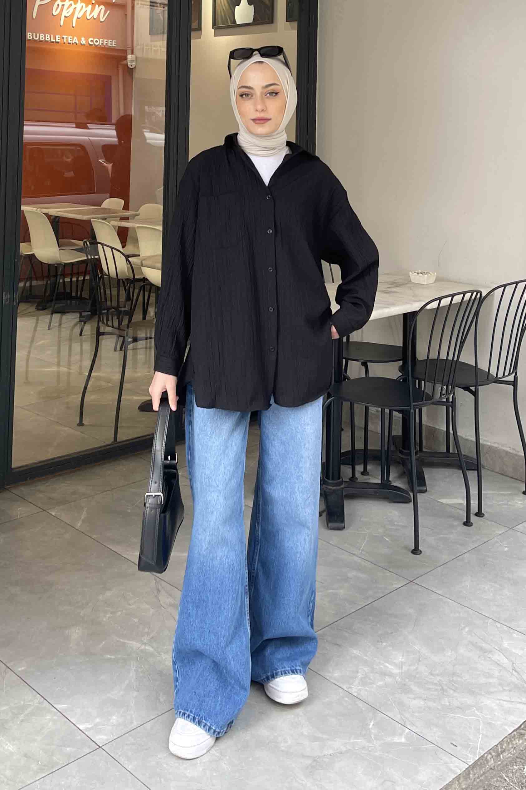 Lamelif Kraşlı Gömlek Siyah