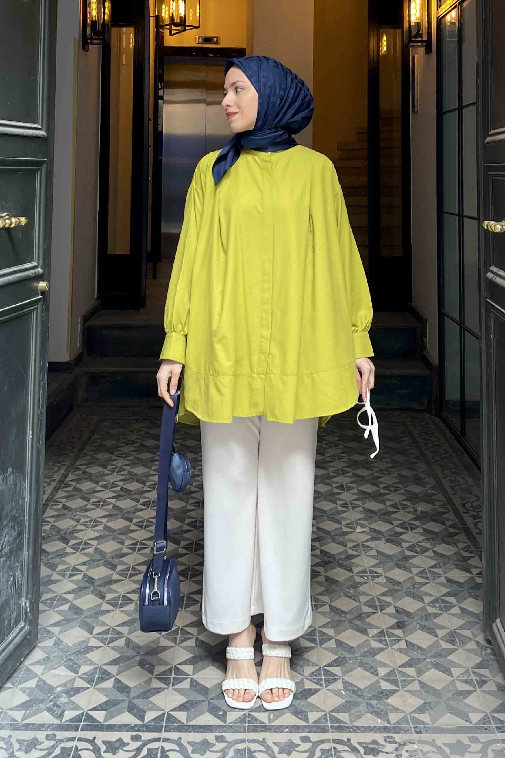 Lamelif Manşeti Biyeli Tunik Fıstık Yeşili