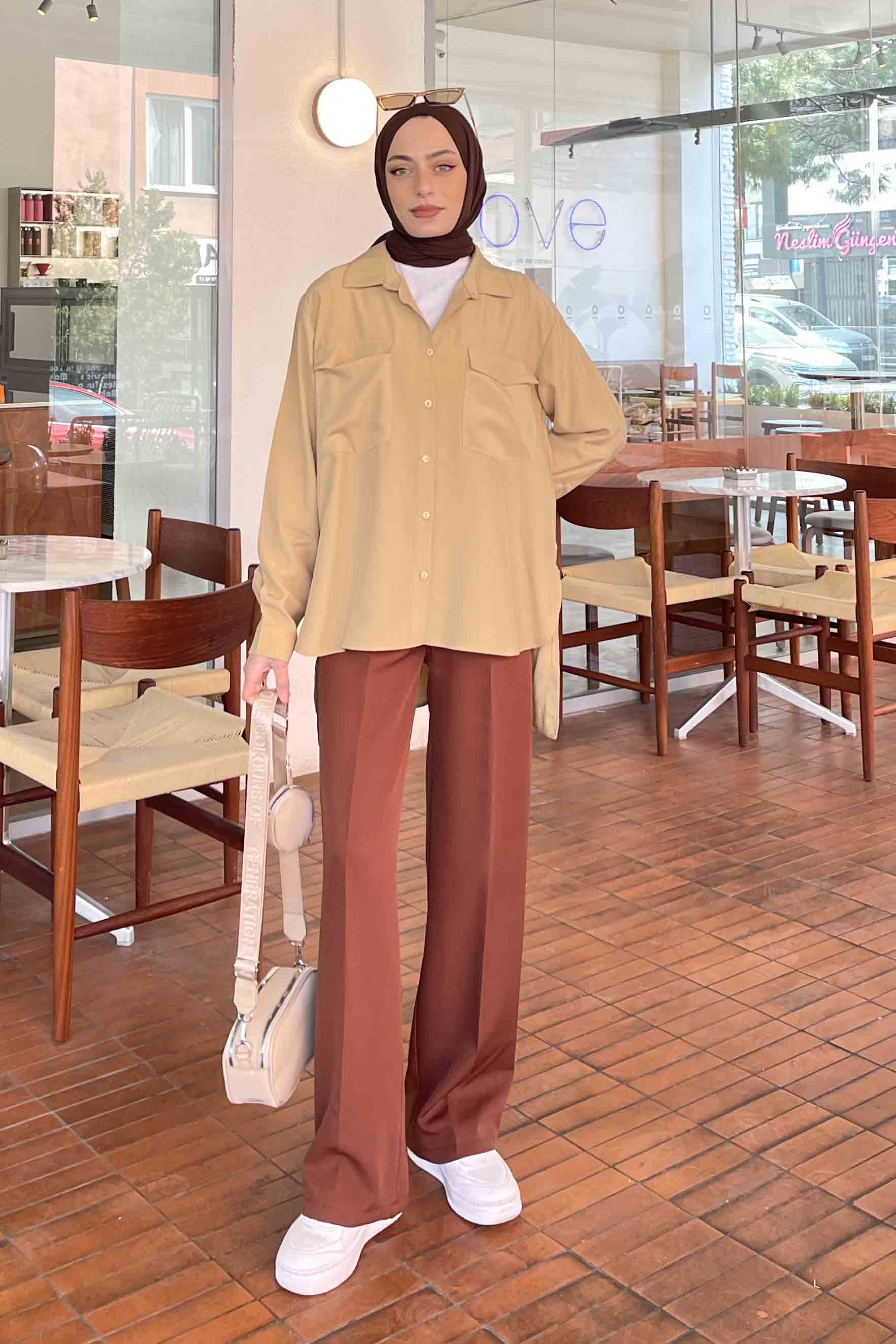 Lamelif Çift Kapak Cep Detaylı Gömlek Sütlü Kahve