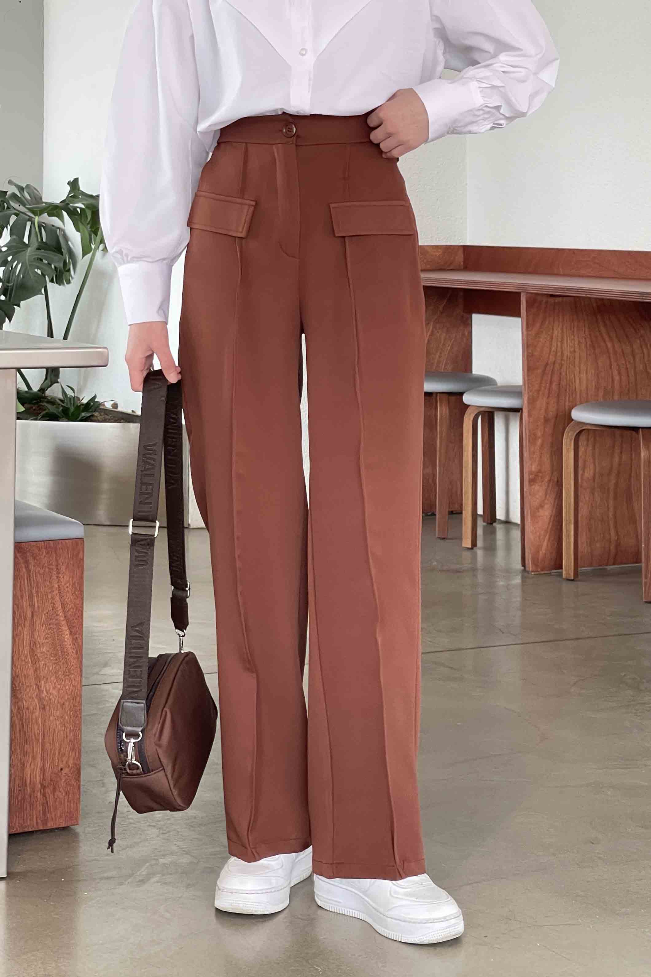 Brown Viscose Fabric High Waist Material Pants
