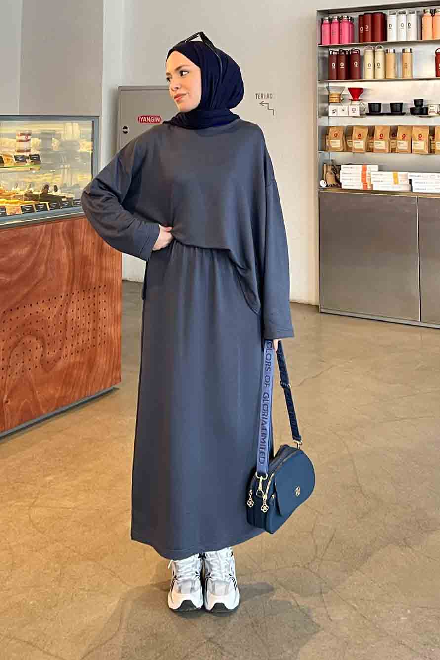 Lamelif Kristal Etekli Tesettür Takım Antrasit