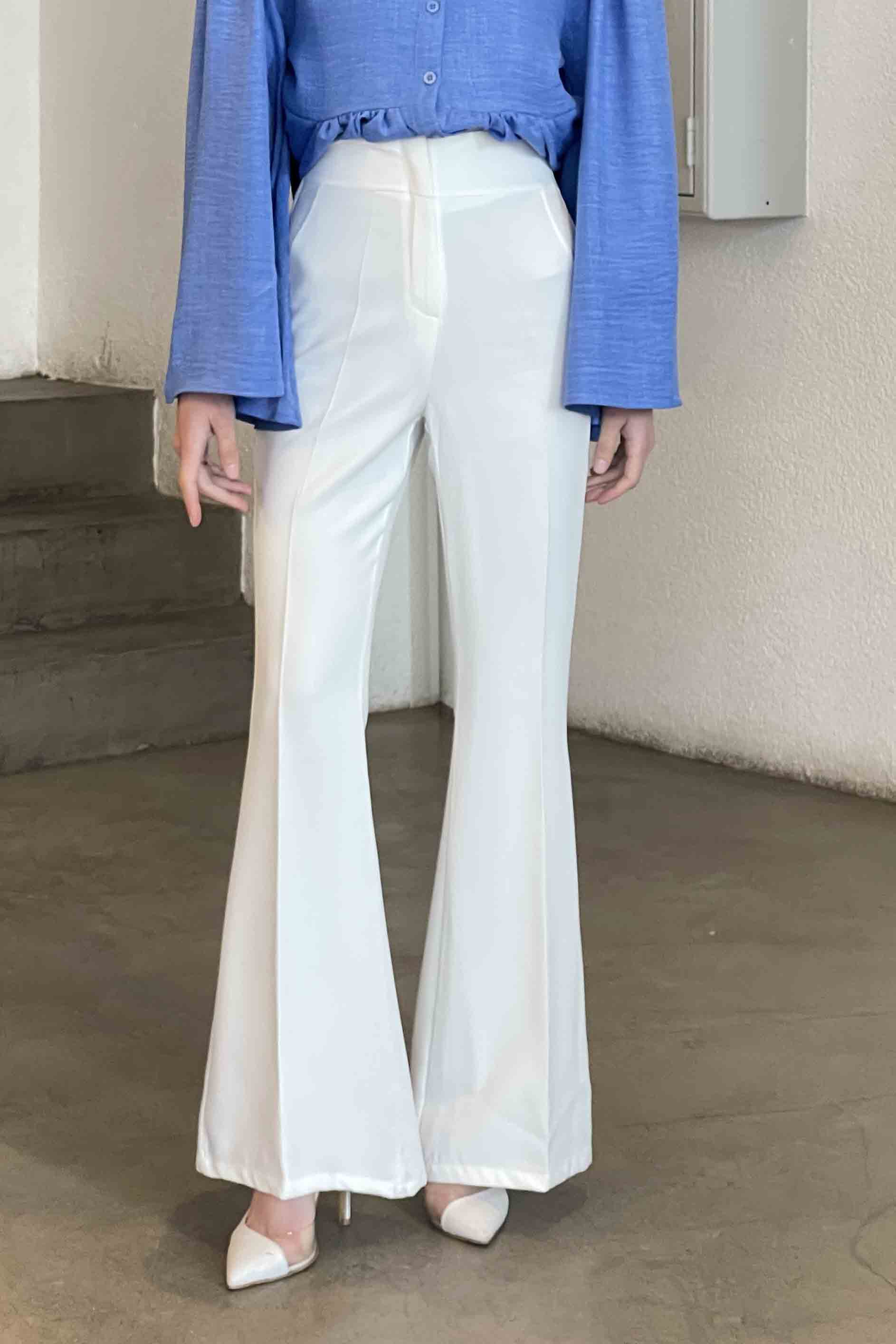 Lamelif Yüksek Bel İspanyol Paça Gizli Cep Pantolon Ekru