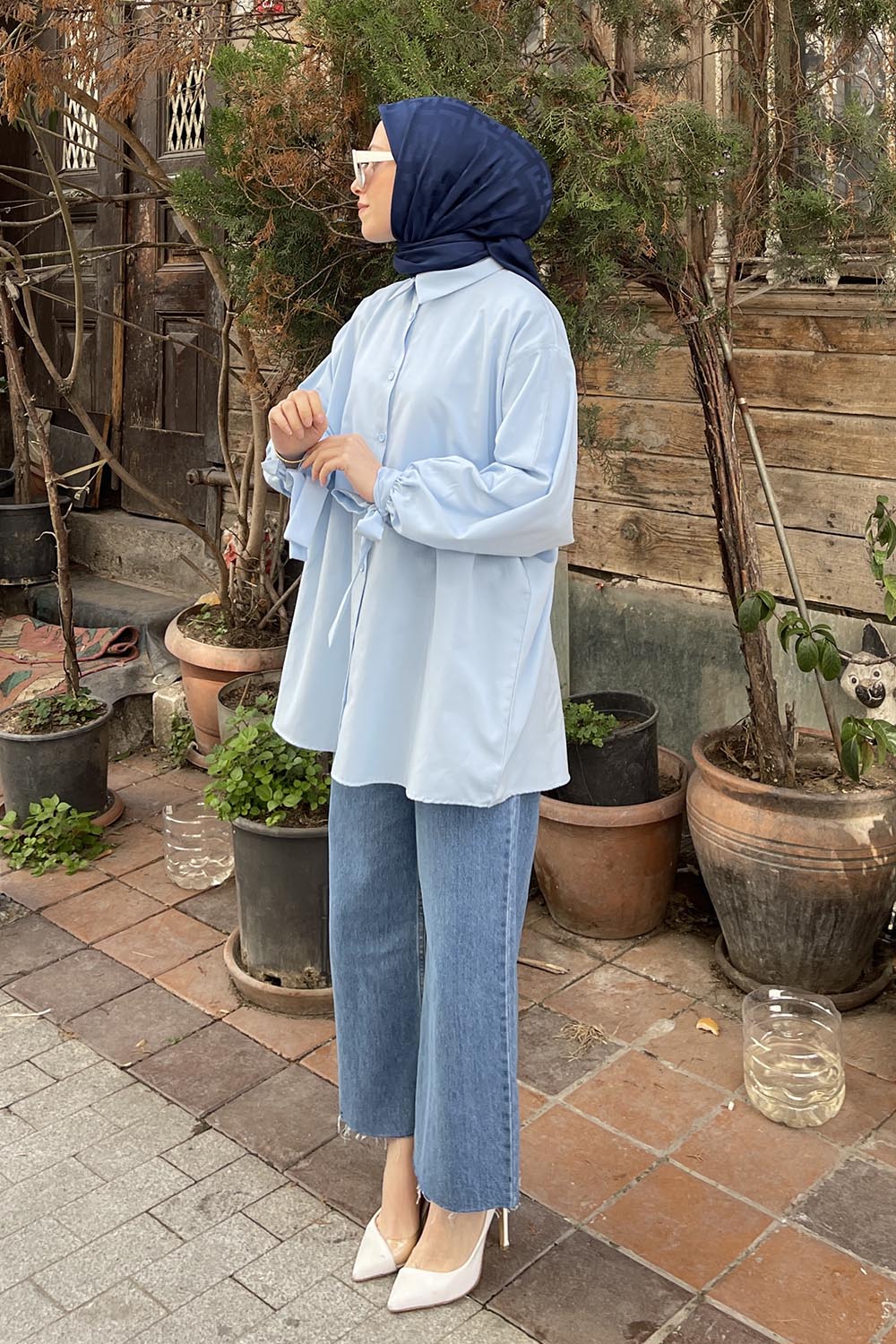 Lamelif Kol Detaylı Gömlek Bebe Mavisi