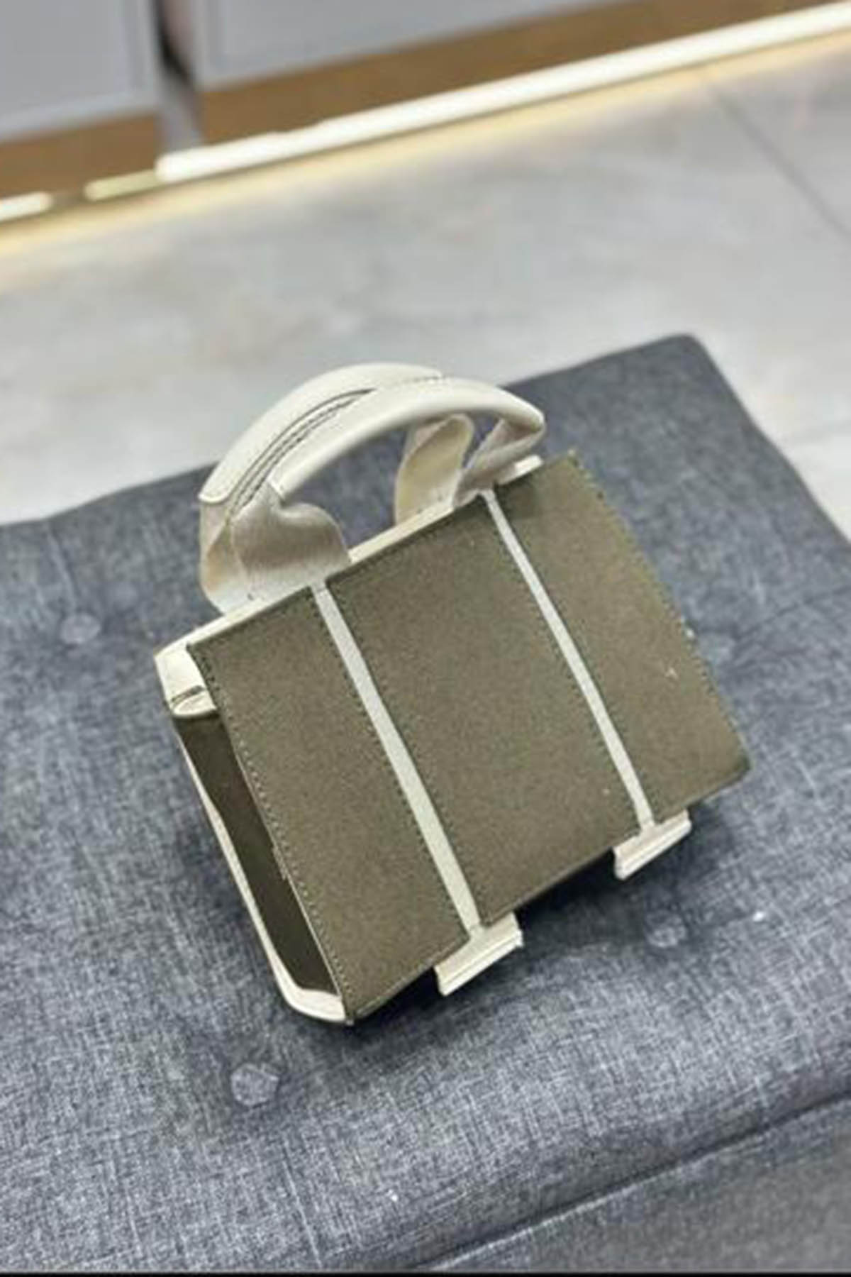 Lamelif Şerit Detaylı Keten El Ve Omuz Çantası Haki