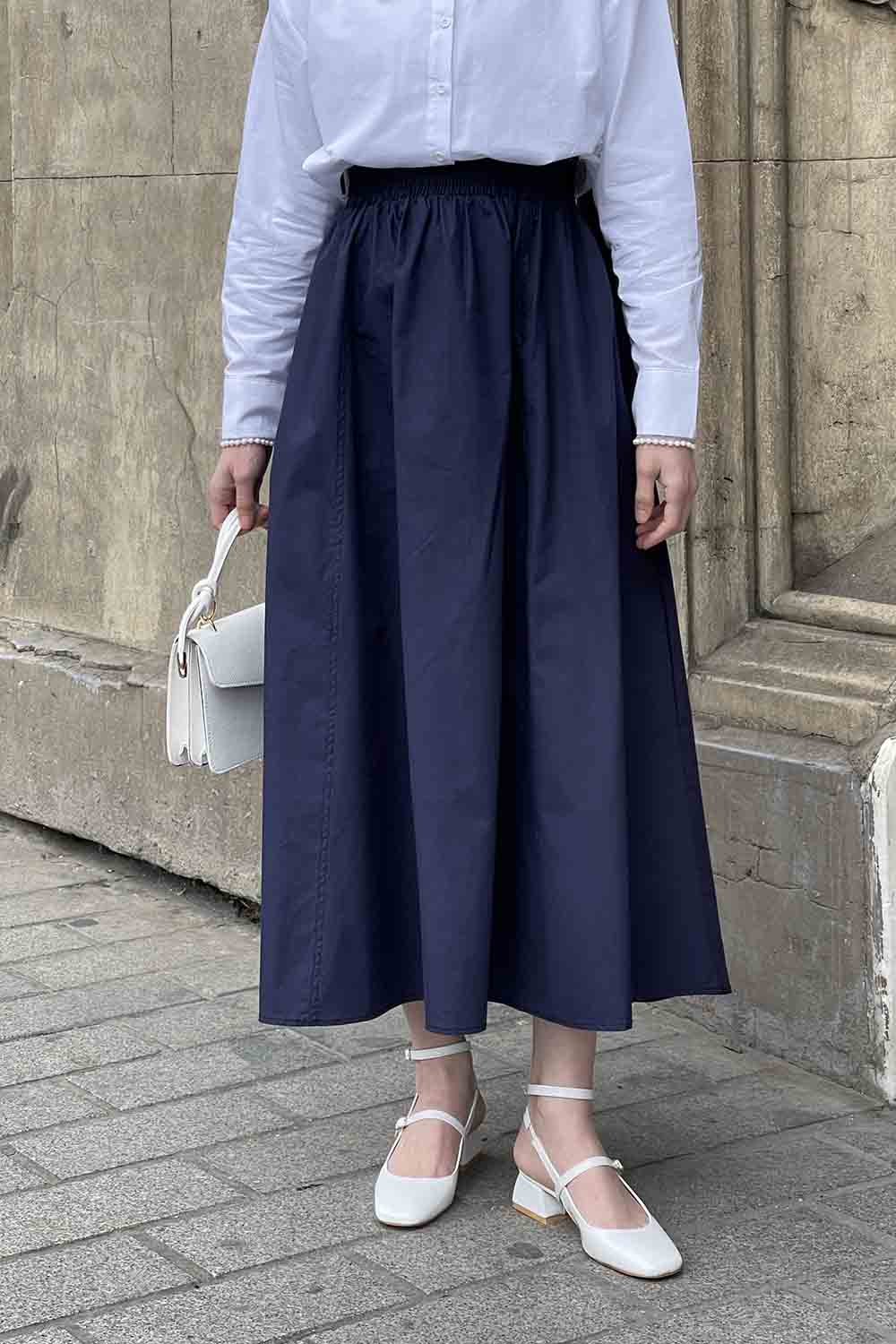 Lamelif Cep Detaylı Kloş Keten Etek Lacivert